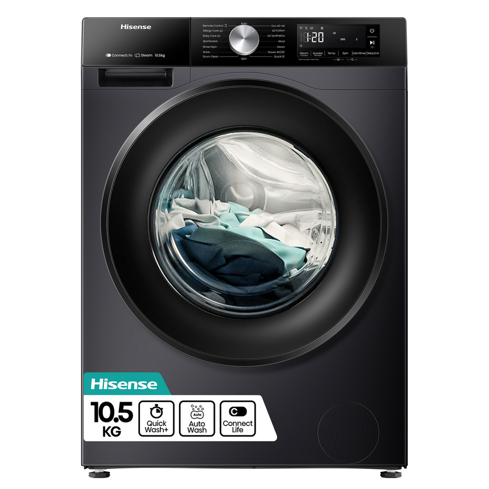 Hisense 3S Series WF3S1043BB3 10.5kg 1400 Spin WiFi-Enabled Freestanding Washing Machine Black