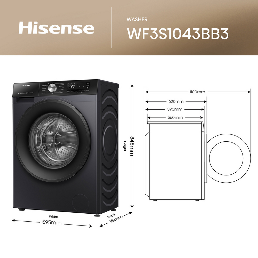Hisense 3S Series WF3S1043BB3 10.5kg 1400 Spin WiFi-Enabled Freestanding Washing Machine Black
