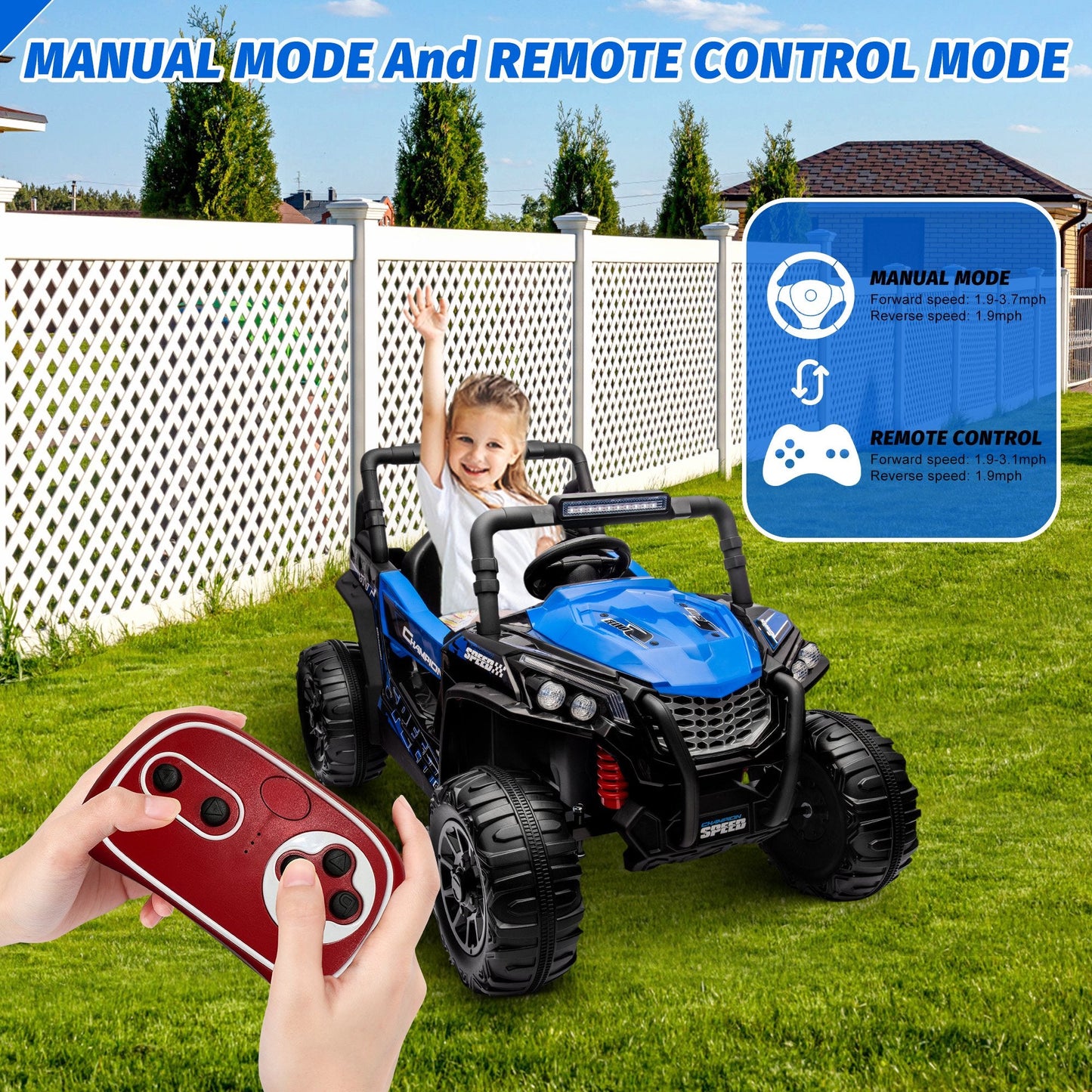Garvee Ride - P Series: 12V Toy Electric Truck Utv with Large Wide Seat and Remote Control, Led Lights, Wireless Connection, Music, 2 Spring Suspension for 3-8 Boys & Girls
