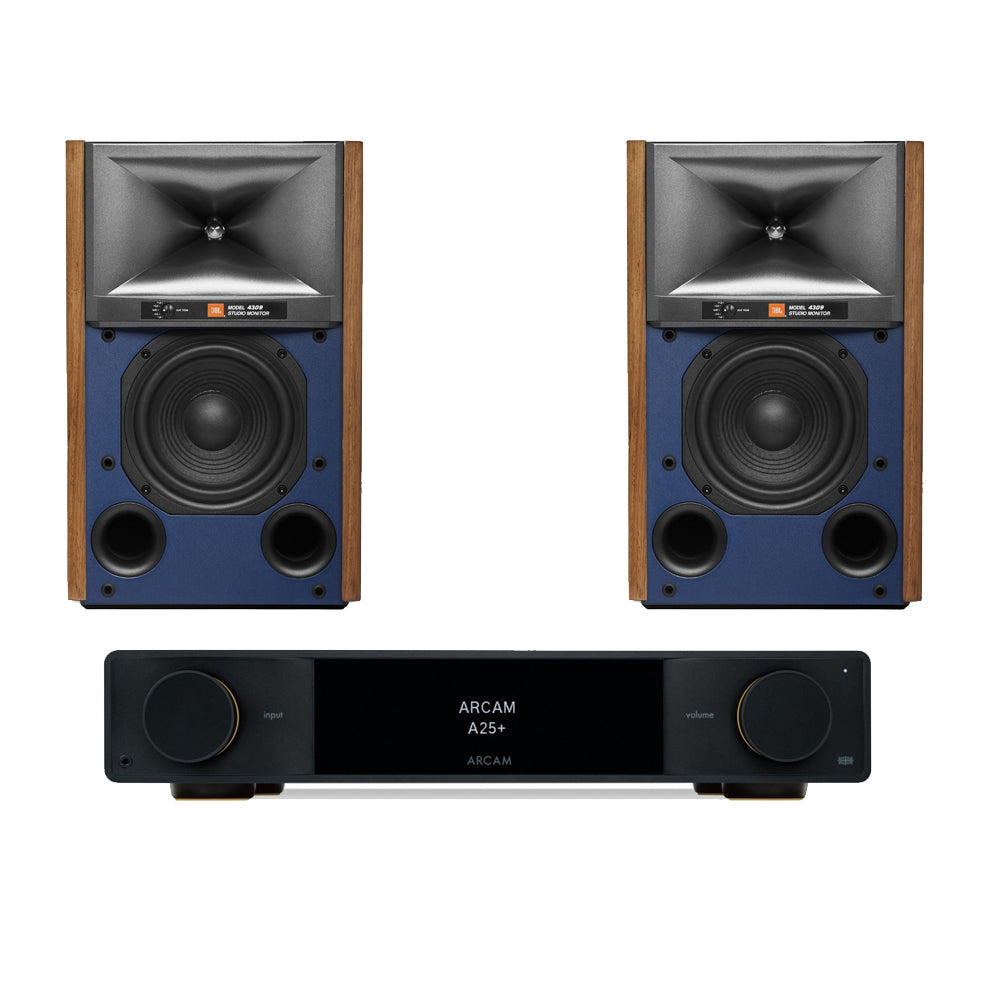 Arcam A25+ Integrated Amplifier Black with JBL 4309 Studio Monitor Bookshelf Speakers Walnut Pair