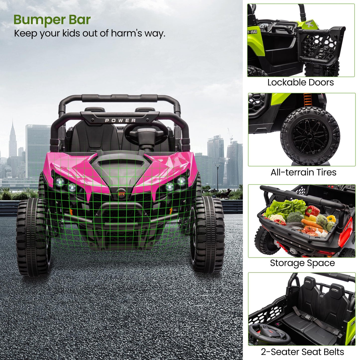 Garvee 24V Ride On Car Electric Off-Road UTV Truck with Remote Control, Lockable Doors, Safety Belt, PP+Metal, LED Lights, Music Player, Blue, Kids Outdoor Fun - Rose
