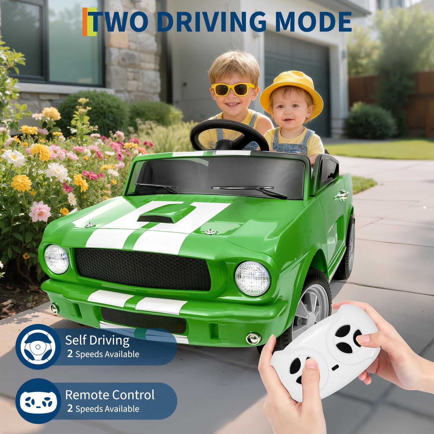 Garvee Ride - P Series: 24V 2-Seater Ride-On Shelby GT350 Electric Car with Remote Control, LED Lights, Safety Belt, 2 Speeds, Rechargeable Battery, Kids Toy Vehicle for Outdoor Fun