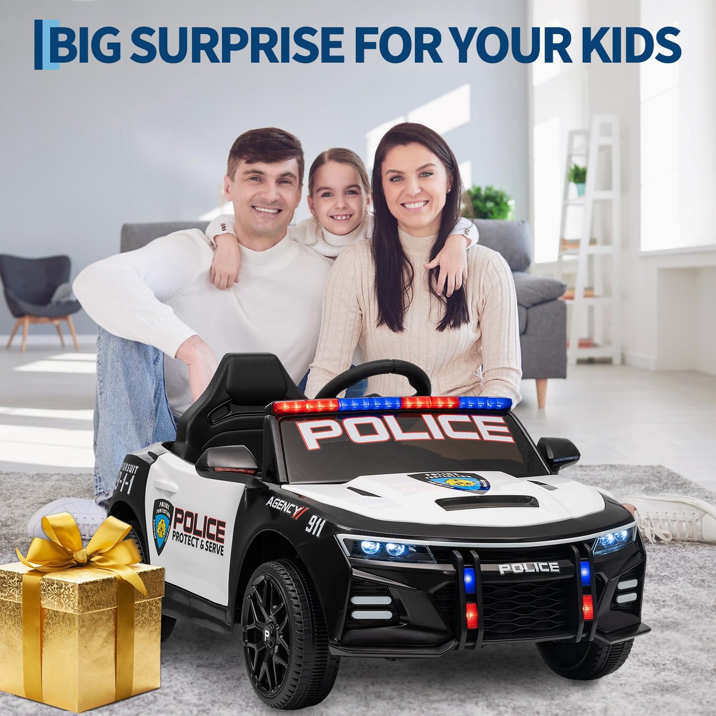 Garvee Ride - P Series: 12V Police Car Ride-On Toy for Kids with Remote Control, Emergency Tones, Megaphone, Flashing Lights, Spring Suspension, Music, Safe Buckle Locks, Quick Assembly