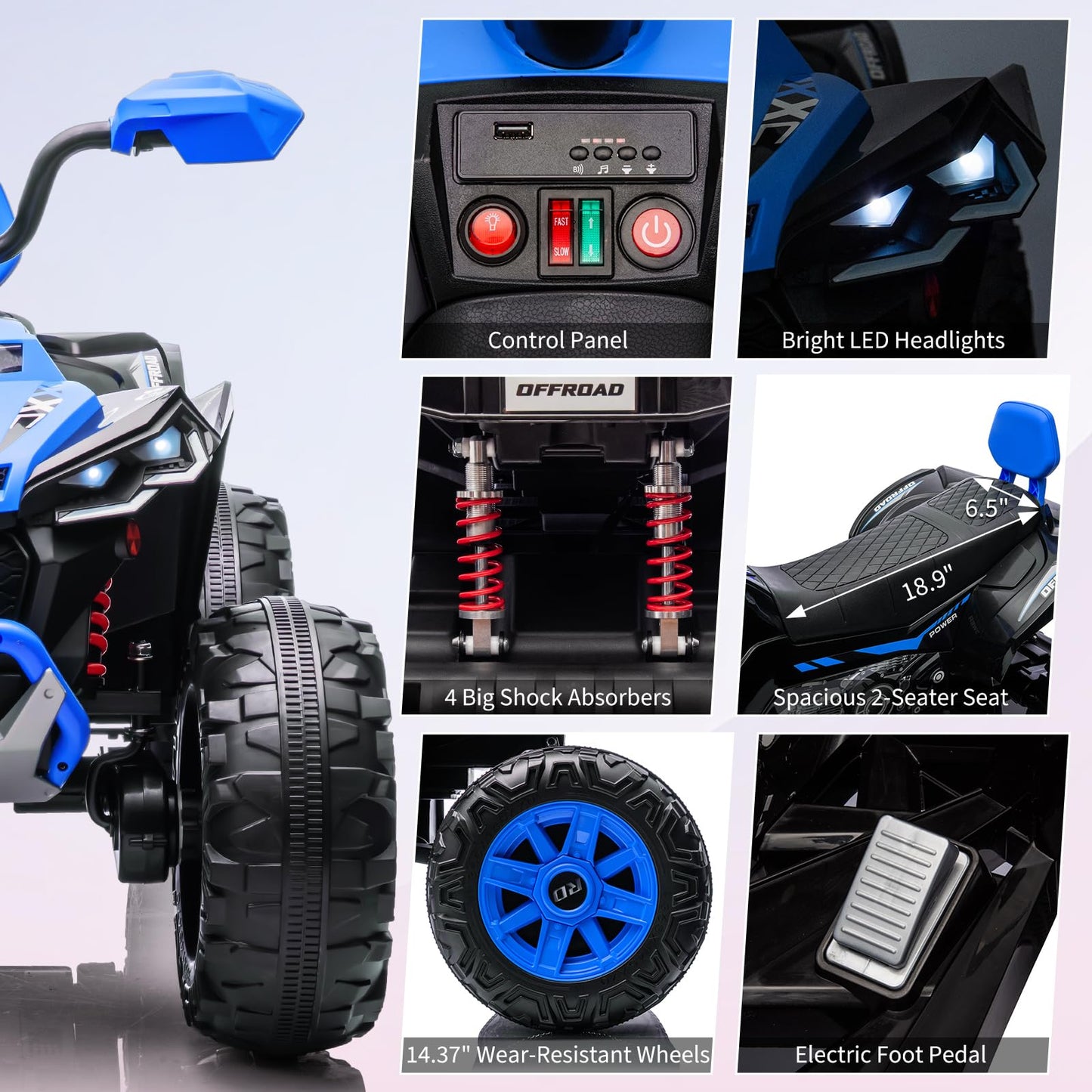 Garvee Ride - P Series: 24V 2-Seater Ride On ATV for Kids - 4-Wheel Battery Powered, High/Low Speed Modes, LED Lights, Music & Horn, Durable Wear-Resistant Wheels, Safe Non-Toxic Material, Outdoor Adventure - Blue