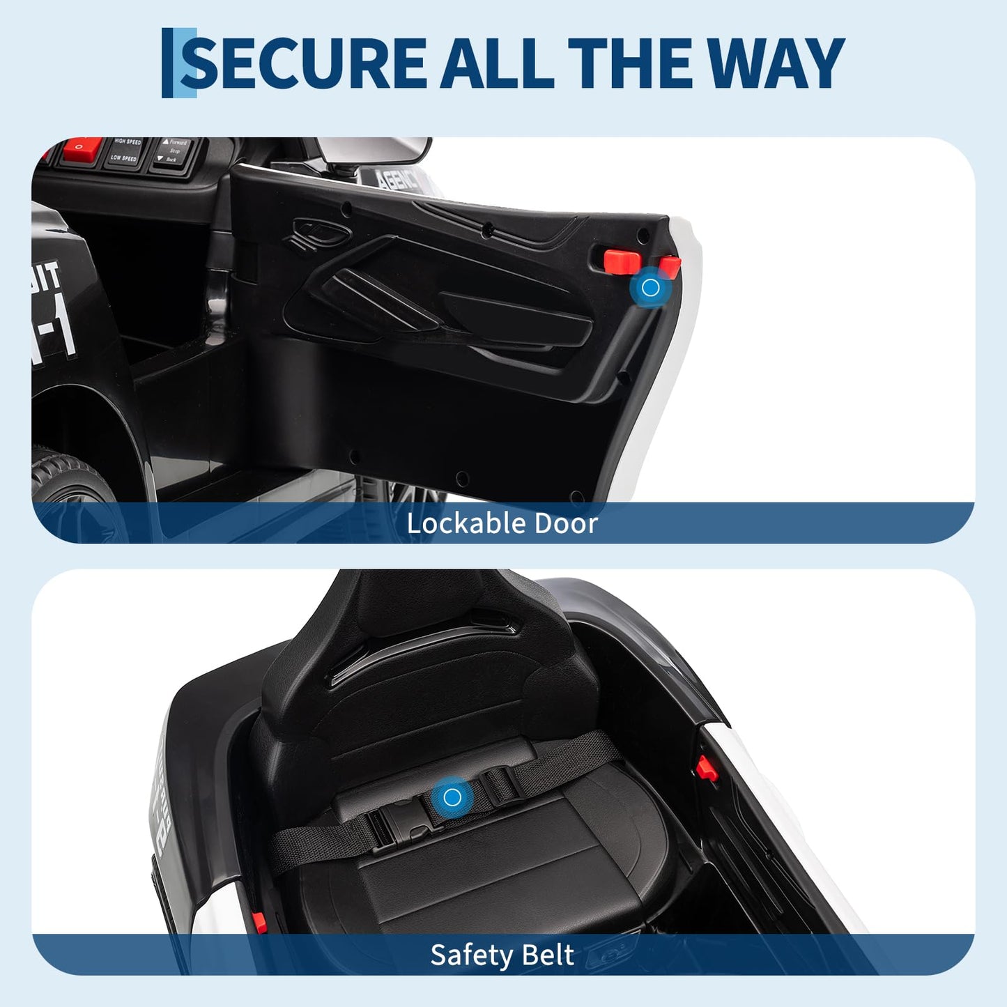 Garvee Ride - P Series: 12V Police Car Ride-On Toy for Kids with Remote Control, Emergency Tones, Megaphone, Flashing Lights, Spring Suspension, Music, Safe Buckle Locks, Quick Assembly