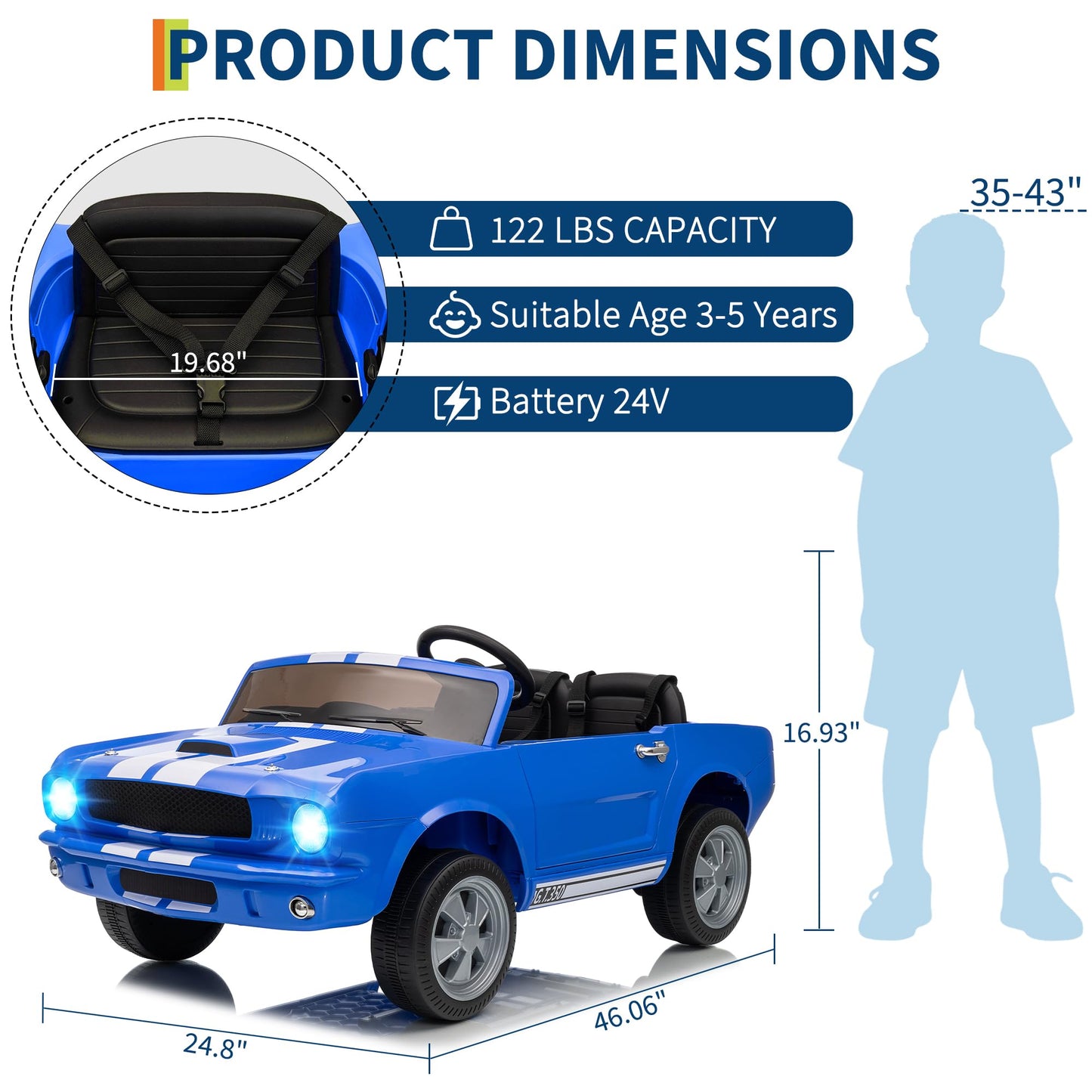 Garvee Ride - P Series: 24V 7AH 2-Seater Ride-On Electric Car Shelby GT350 Licensed Model with Remote Control, 2 Speeds, Safety Belt, LED Lights, Music, Blue for Kids 3+