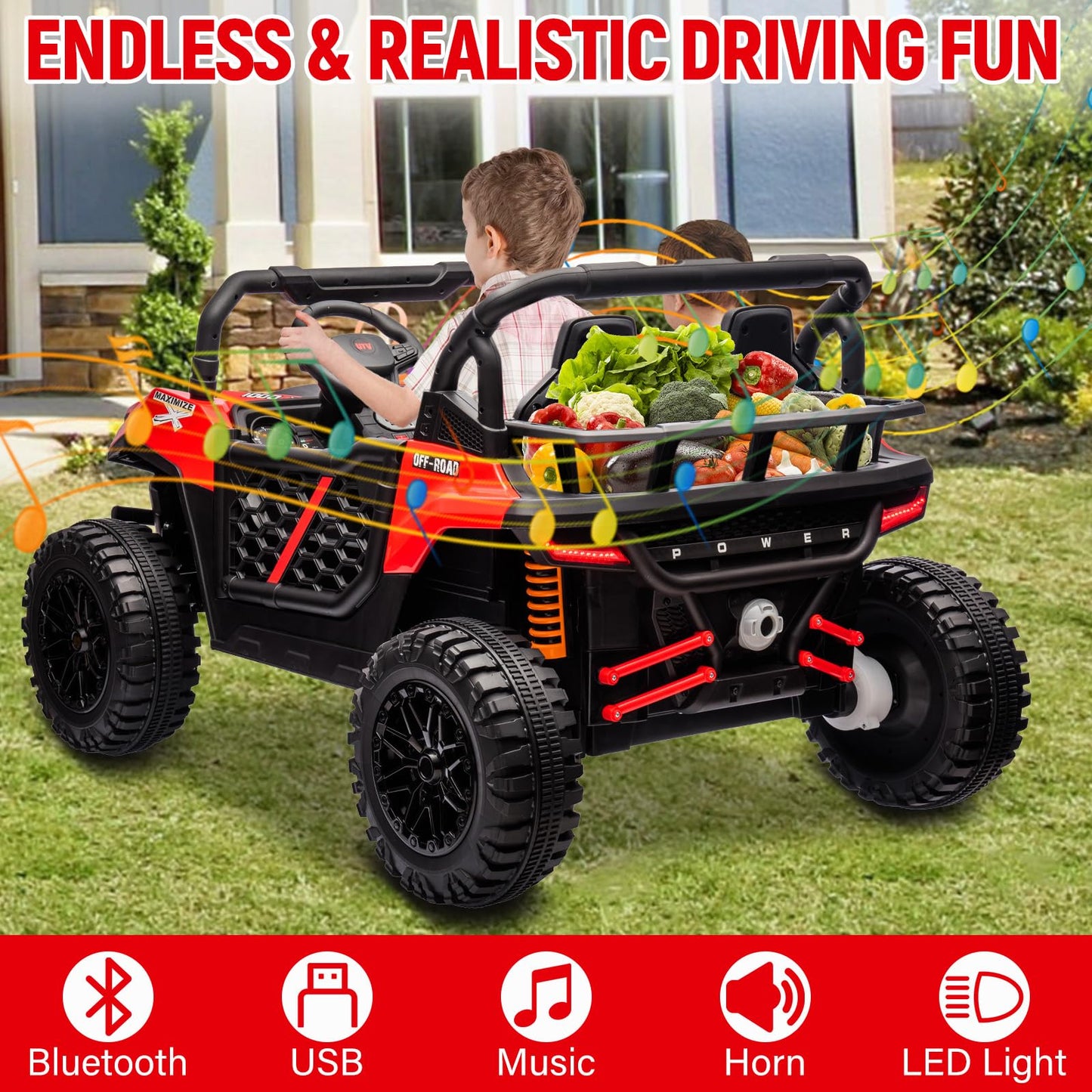Garvee 24V Ride On Car Electric Off-Road UTV Truck with Remote Control, Lockable Doors, Safety Belt, PP+Metal, LED Lights, Music Player, Blue, Kids Outdoor Fun - Red