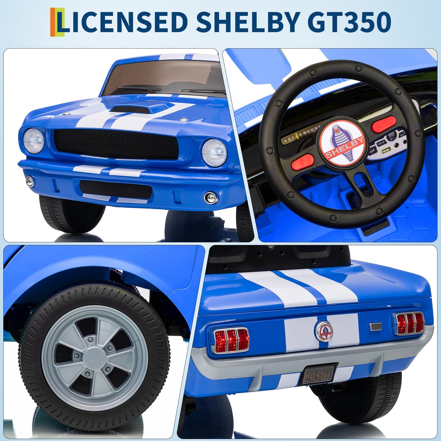 Garvee Ride - P Series: 24V 7AH 2-Seater Ride-On Electric Car Shelby GT350 Licensed Model with Remote Control, 2 Speeds, Safety Belt, LED Lights, Music, Blue for Kids 3+