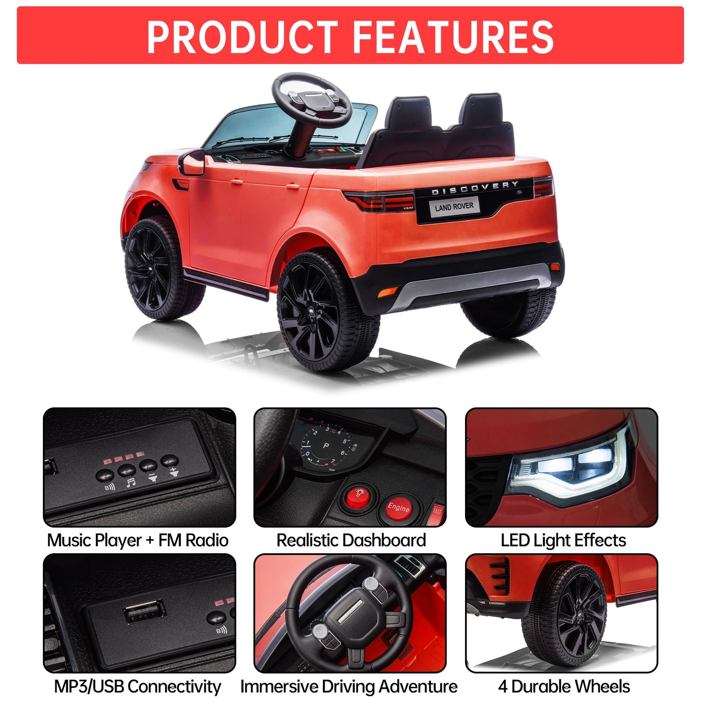 Garvee Ride P Series 12V Kids Ride On Car Land Rover Style Dual Motors 3 Speed Modes 4.5Ah Battery Safety Seatbelt Remote Control Black Outdoor Play - Red