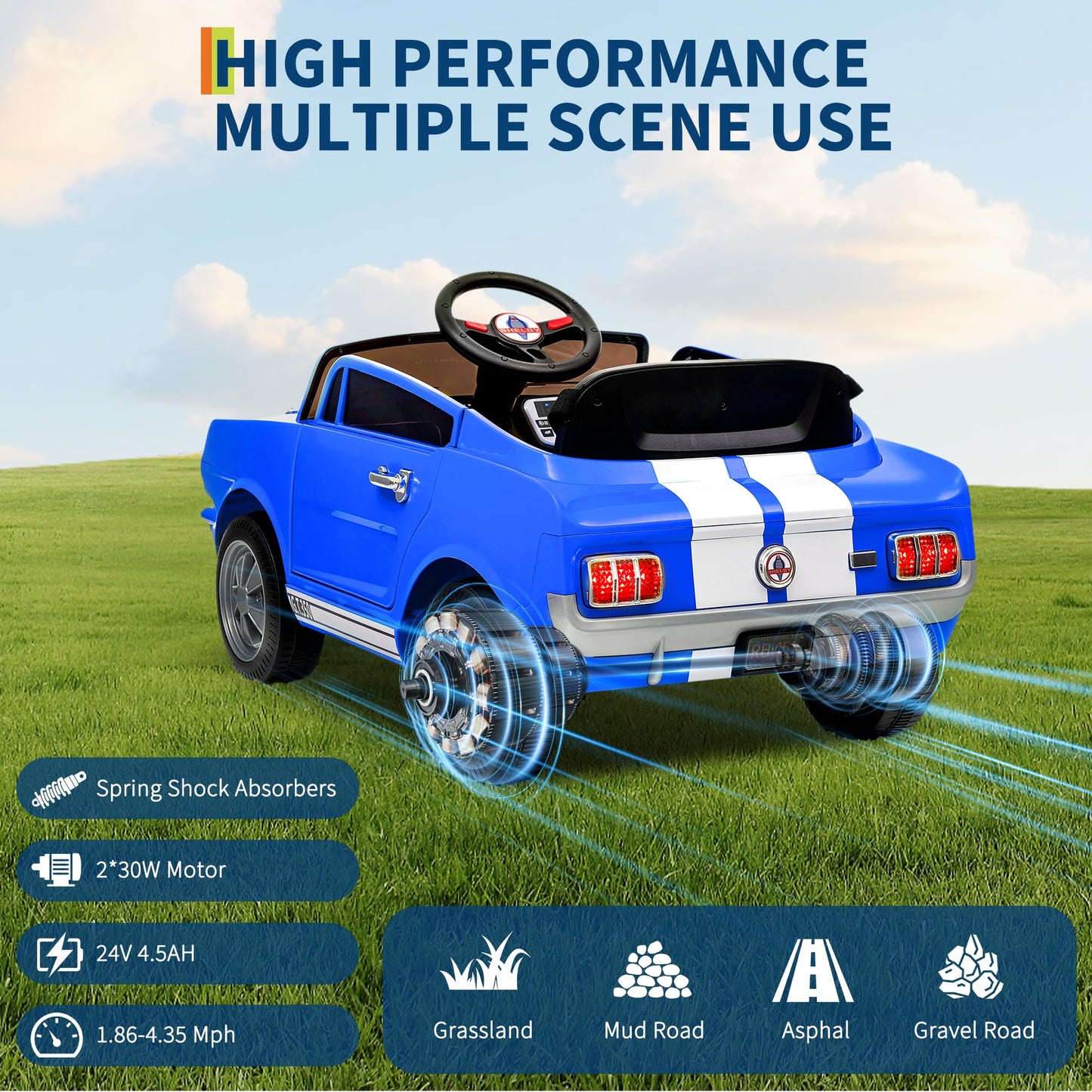 Garvee Ride - P Series: 24V 7AH 2-Seater Ride-On Electric Car Shelby GT350 Licensed Model with Remote Control, 2 Speeds, Safety Belt, LED Lights, Music, Blue for Kids 3+