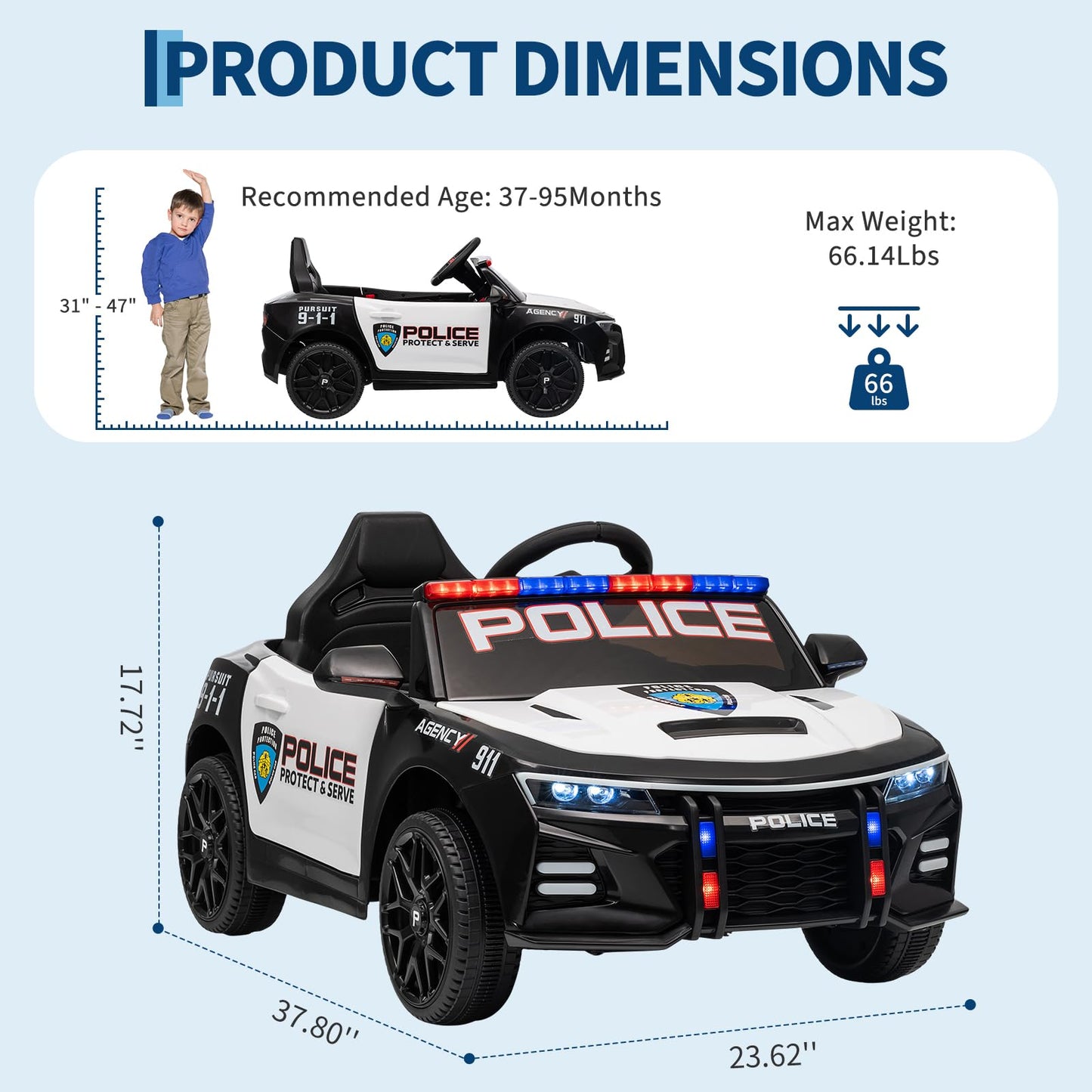 Garvee Ride - P Series: 12V Police Car Ride-On Toy for Kids with Remote Control, Emergency Tones, Megaphone, Flashing Lights, Spring Suspension, Music, Safe Buckle Locks, Quick Assembly