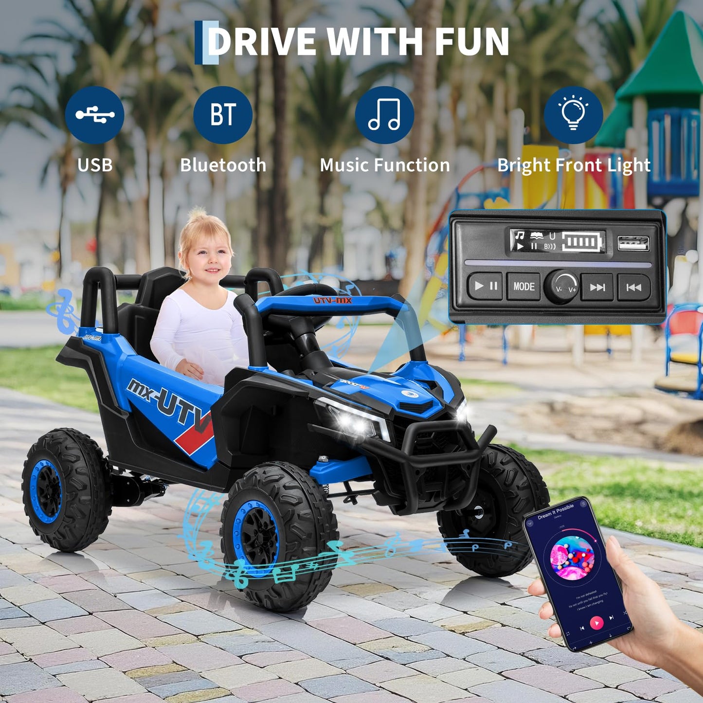 Garvee Ride - P Series: 12V Kids Ride On Car UTV Truck 4WD/2WD Switchable 4 Spring Suspension EVA Tires Safety Belt Double Doors Remote Control Ages 3-8
