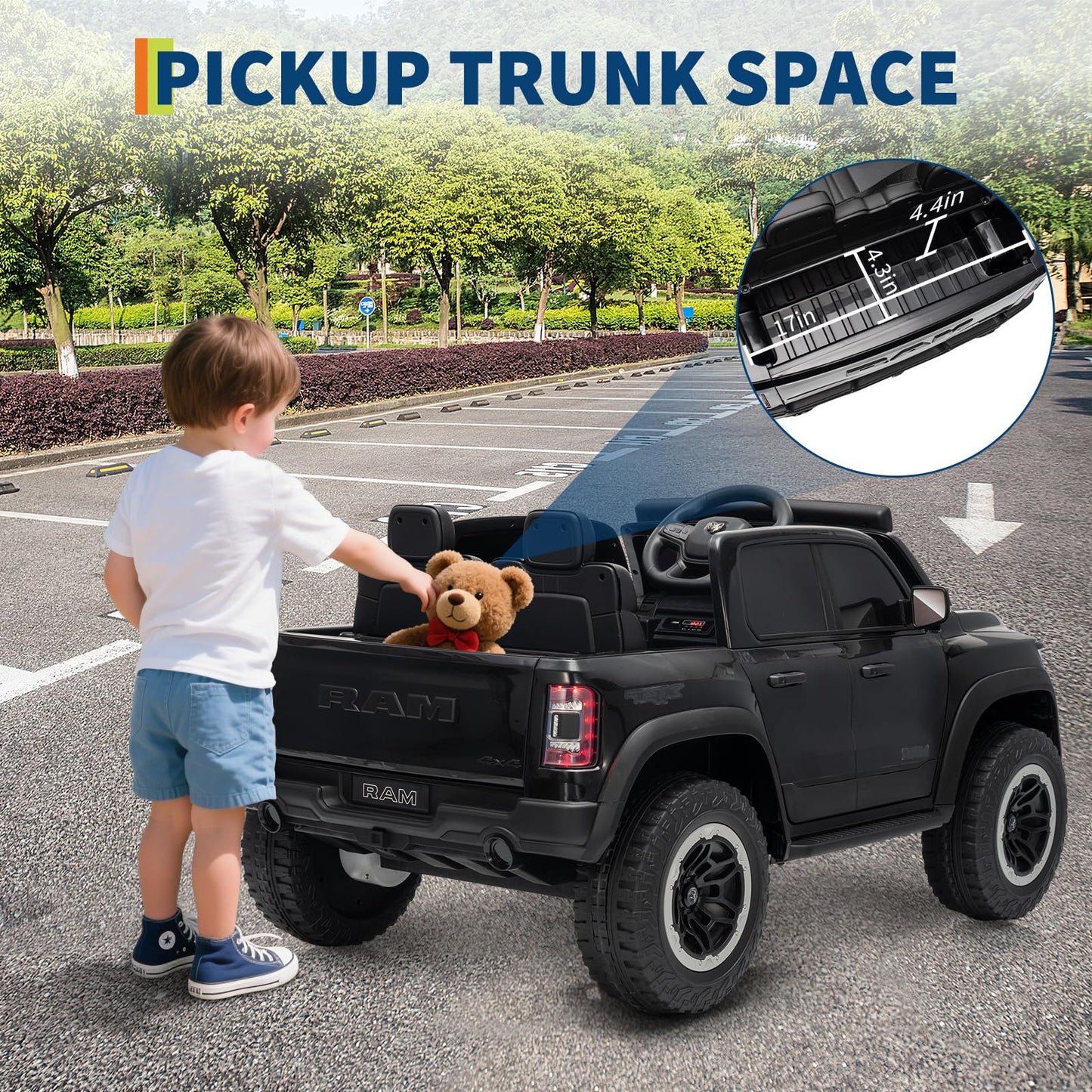 Garvee 12V Kids Ride On Police Car RAM Truck with Remote Control, 3 Speeds, Spring Suspension, LED Lights, Safety Lock, Pickup Truck for Toddlers
