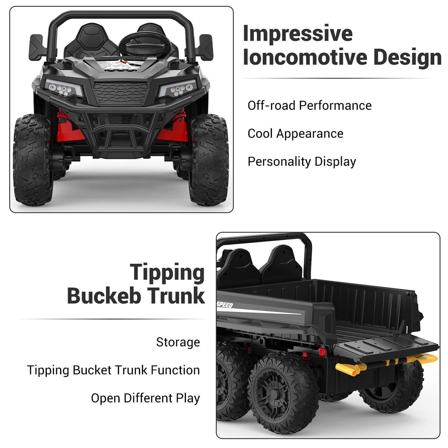 Garvee Ride - P Series: 24V 4WD Electric Ride On Dump Truck with Remote Control, 2-Seater, Music Player, LED Lights, Key Start Safety System, Durable Plastic, Off-Road Kids Toy for Ages 3+ - Black