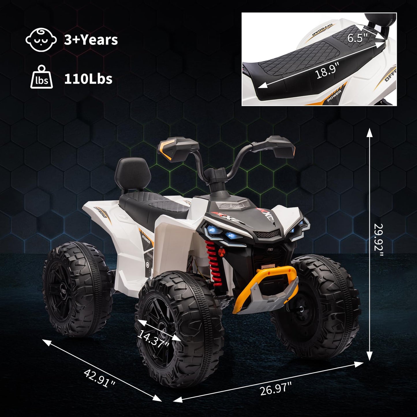 Garvee Ride - P Series: 24V 2-Seater Ride On ATV for Kids - 4-Wheel Battery Powered, High/Low Speed Modes, LED Lights, Music & Horn, Durable Wear-Resistant Wheels, Safe Non-Toxic Material, Outdoor Adventure - White