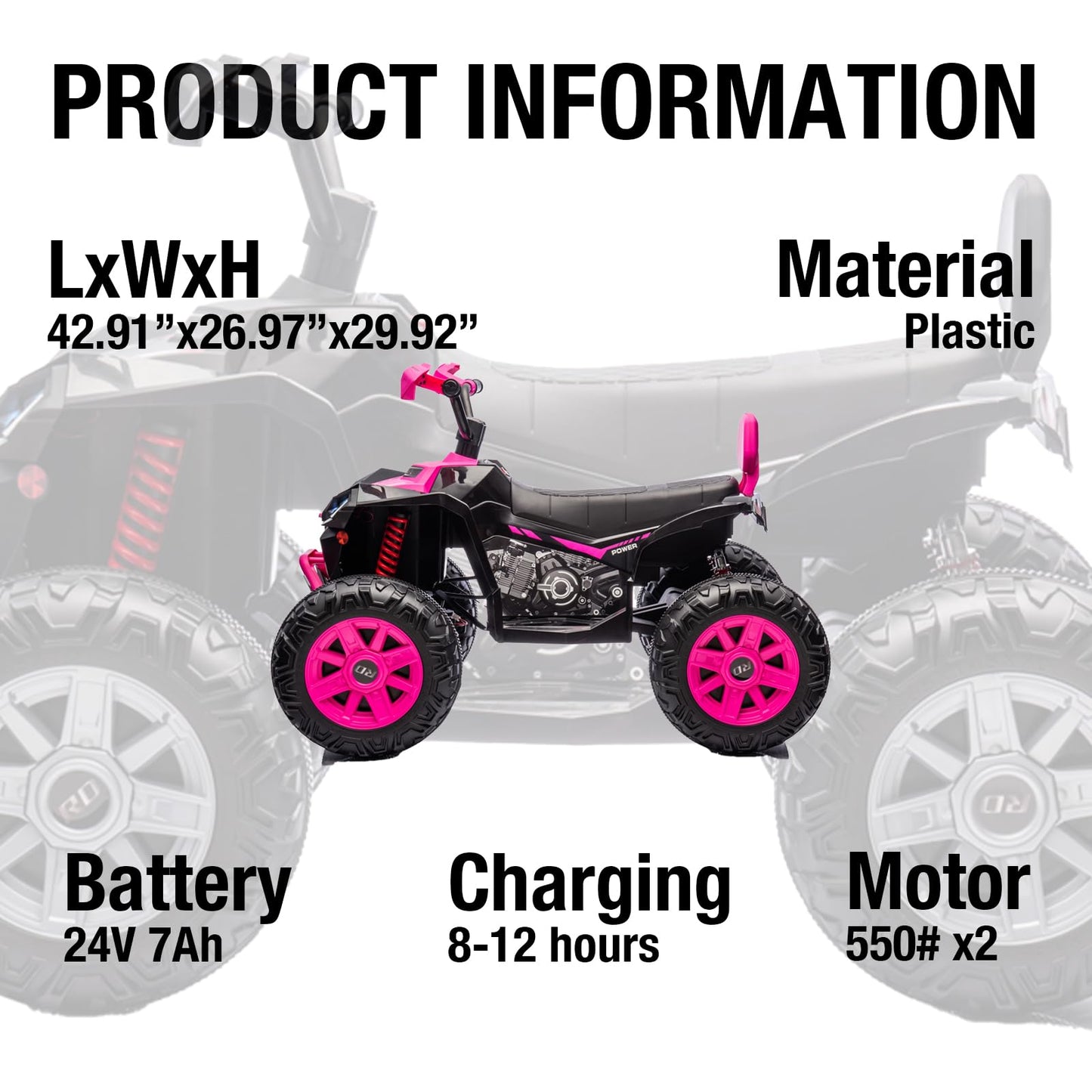 Garvee Ride - P Series: 24V 2-Seater Ride On ATV for Kids - 4-Wheel Battery Powered, High/Low Speed Modes, LED Lights, Music & Horn, Durable Wear-Resistant Wheels, Safe Non-Toxic Material, Outdoor Adventure - Pink