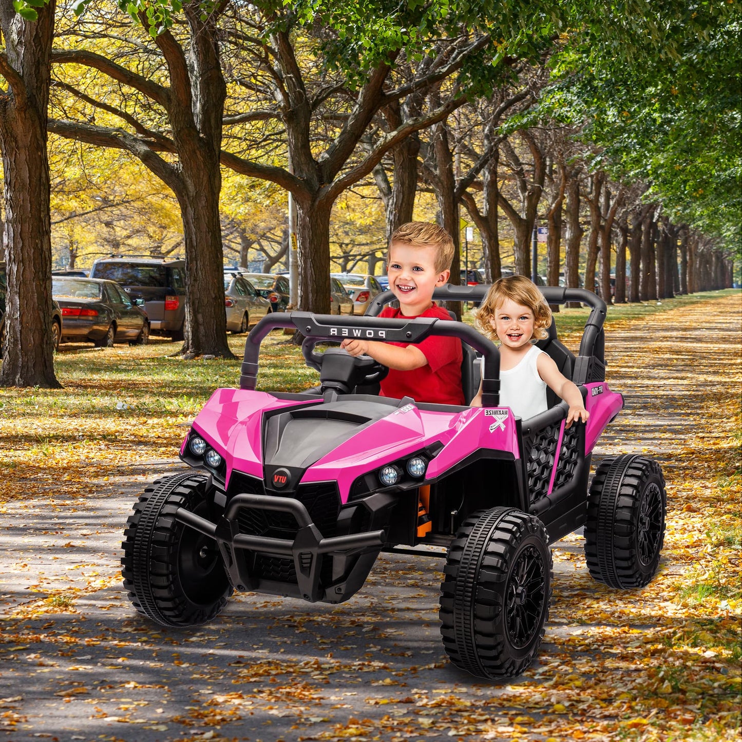 Garvee 24V Ride On Car Electric Off-Road UTV Truck with Remote Control, Lockable Doors, Safety Belt, PP+Metal, LED Lights, Music Player, Blue, Kids Outdoor Fun - Rose