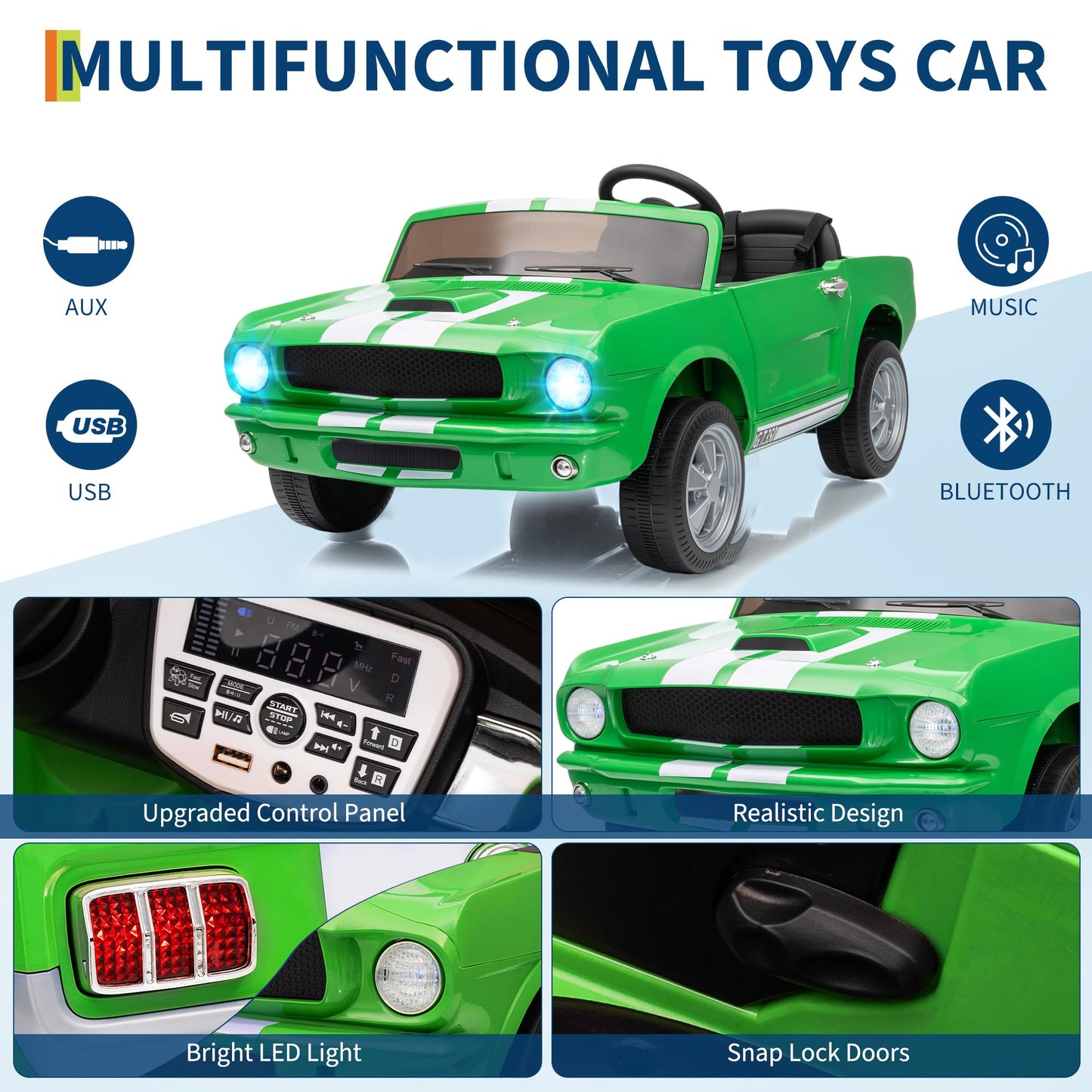 Garvee Ride - P Series: 24V 2-Seater Ride-On Shelby GT350 Electric Car with Remote Control, LED Lights, Safety Belt, 2 Speeds, Rechargeable Battery, Kids Toy Vehicle for Outdoor Fun