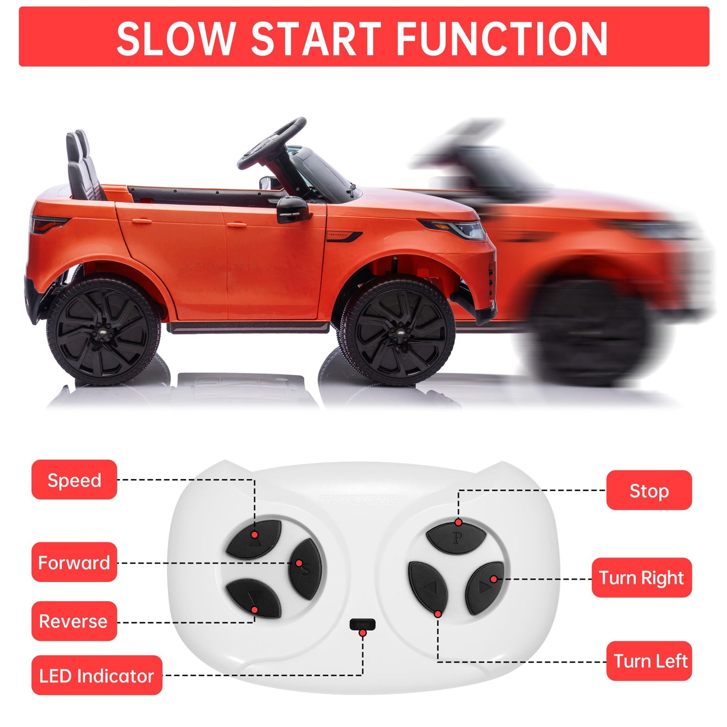Garvee Ride P Series 12V Kids Ride On Car Land Rover Style Dual Motors 3 Speed Modes 4.5Ah Battery Safety Seatbelt Remote Control Black Outdoor Play - Red
