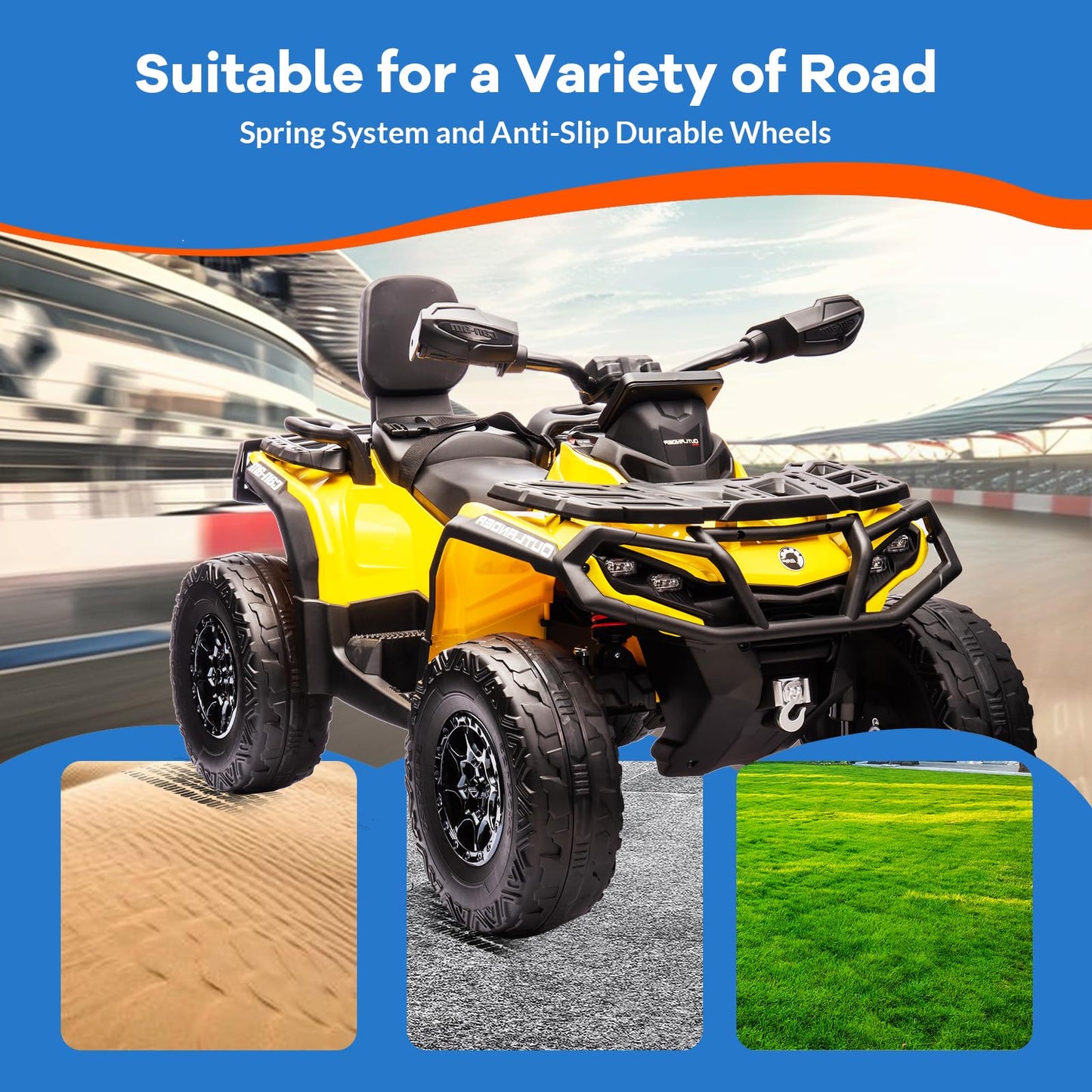 Garvee Ride - P Series: 2 Seater Ride On Car 24V 4WD Electric ATV, Leather Seats, Safety Belt, Bluetooth, Adjustable Speed, Yellow, Outdoor Adventure - Yellow