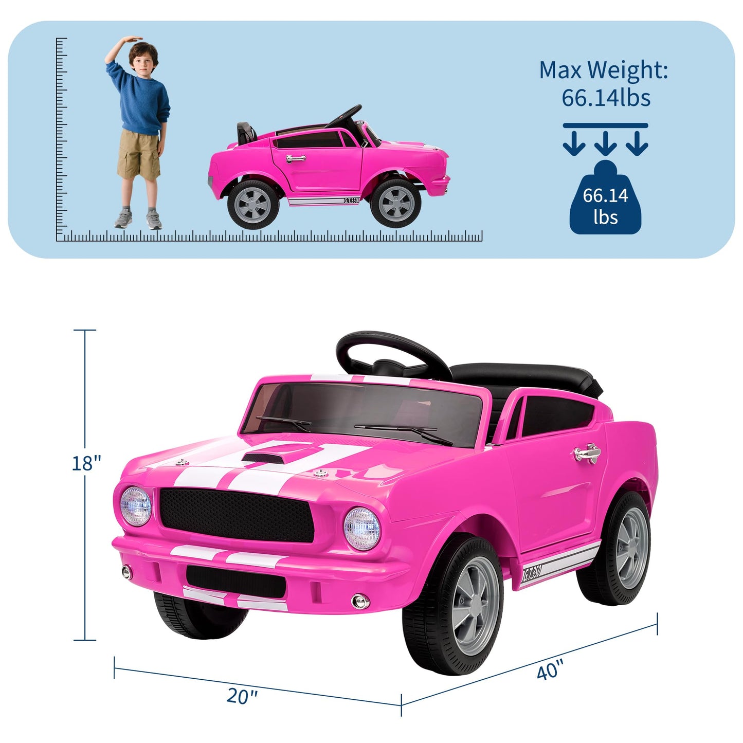 Garvee Ride - P Series: 12V Kids Ride On Car Shelby GT350 Electric Vehicle with Remote Control, LED Lights, Music, USB Port, 2 Speeds, Pink for Outdoor Fun