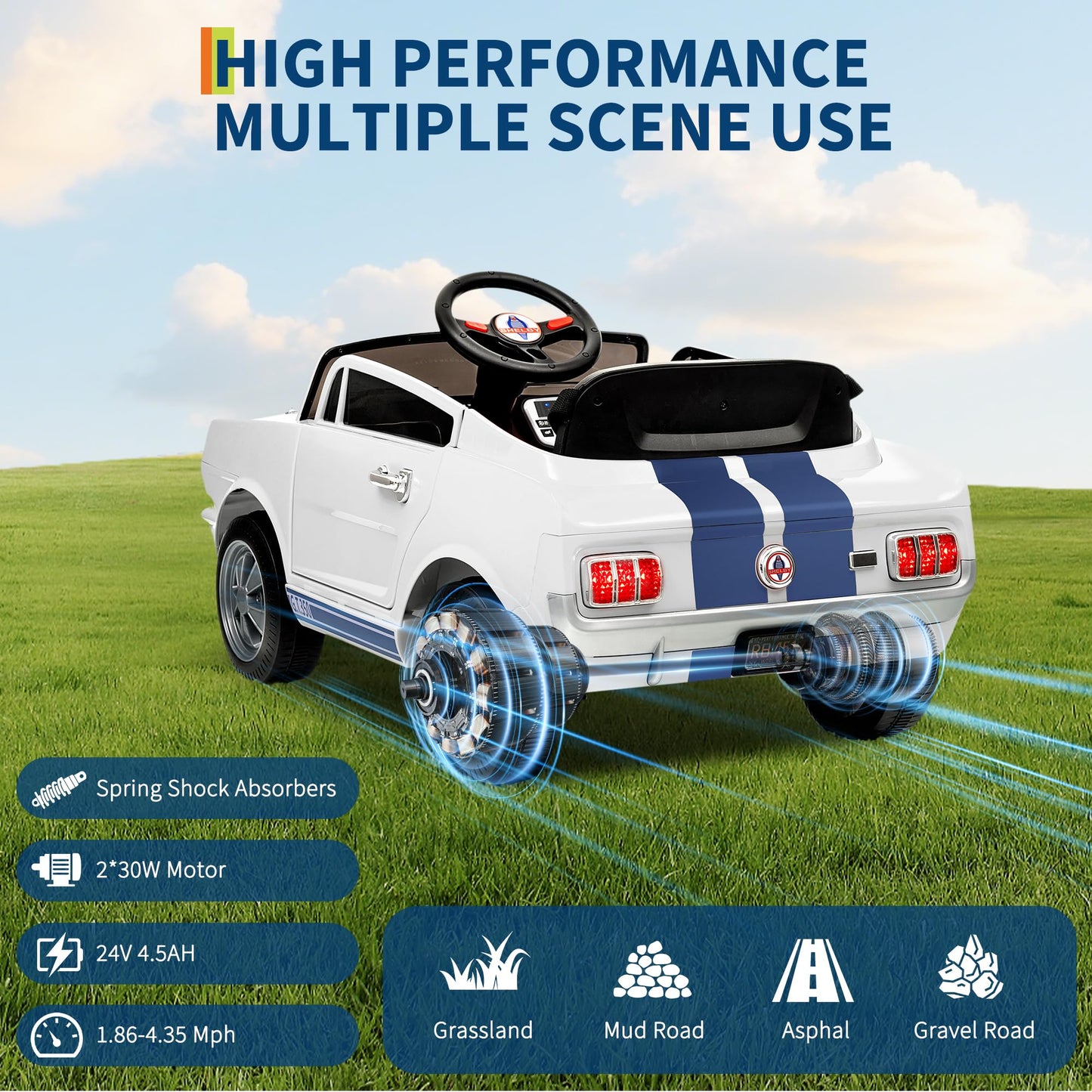 Garvee Ride - P Series: 24V 2 Seater Ride On Electric Car Shelby GT350 with Remote Control, Safety Belt, LED Lights, 2 Speeds, White - Kids Outdoor Fun