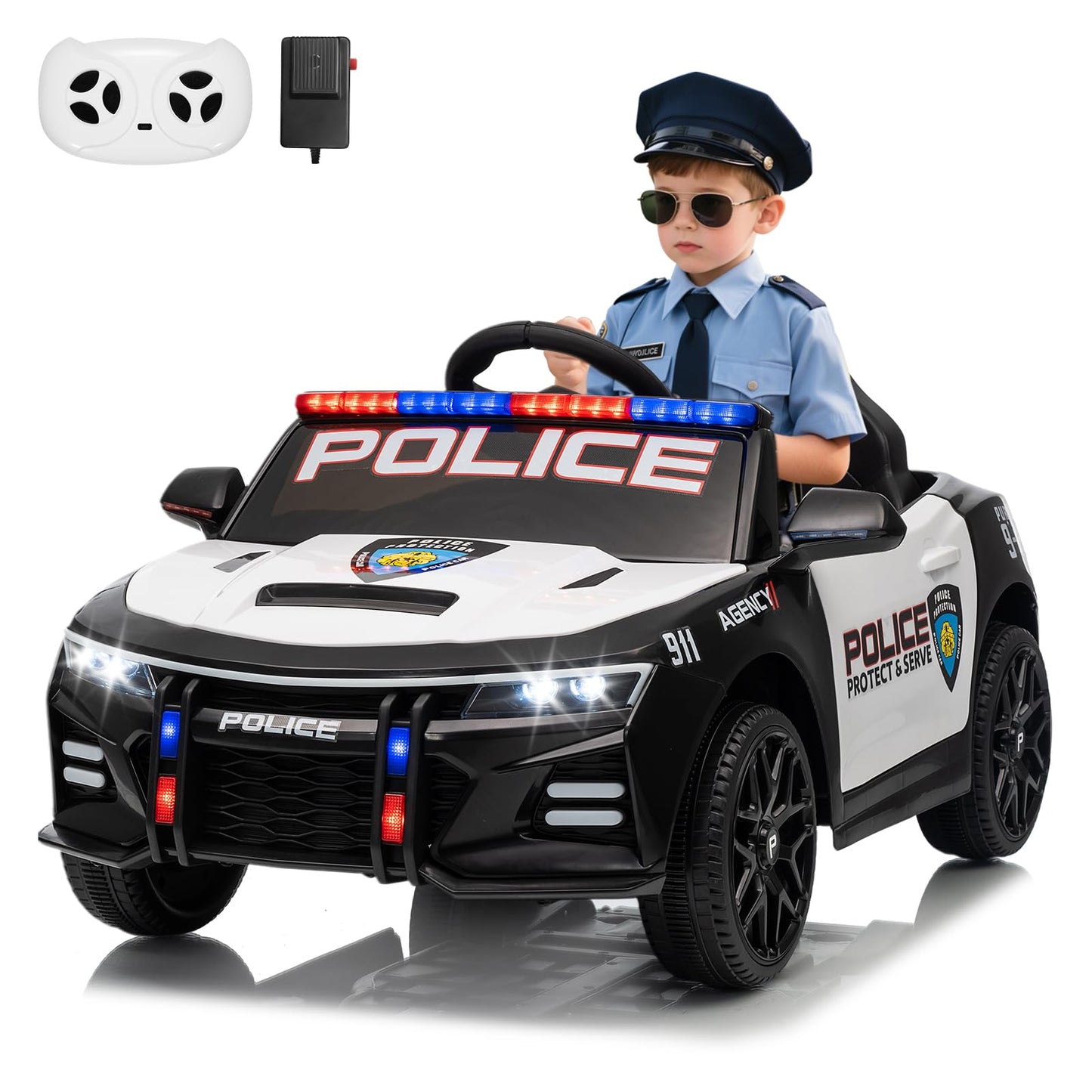 Garvee Ride - P Series: 12V Police Car Ride-On Toy for Kids with Remote Control, Emergency Tones, Megaphone, Flashing Lights, Spring Suspension, Music, Safe Buckle Locks, Quick Assembly