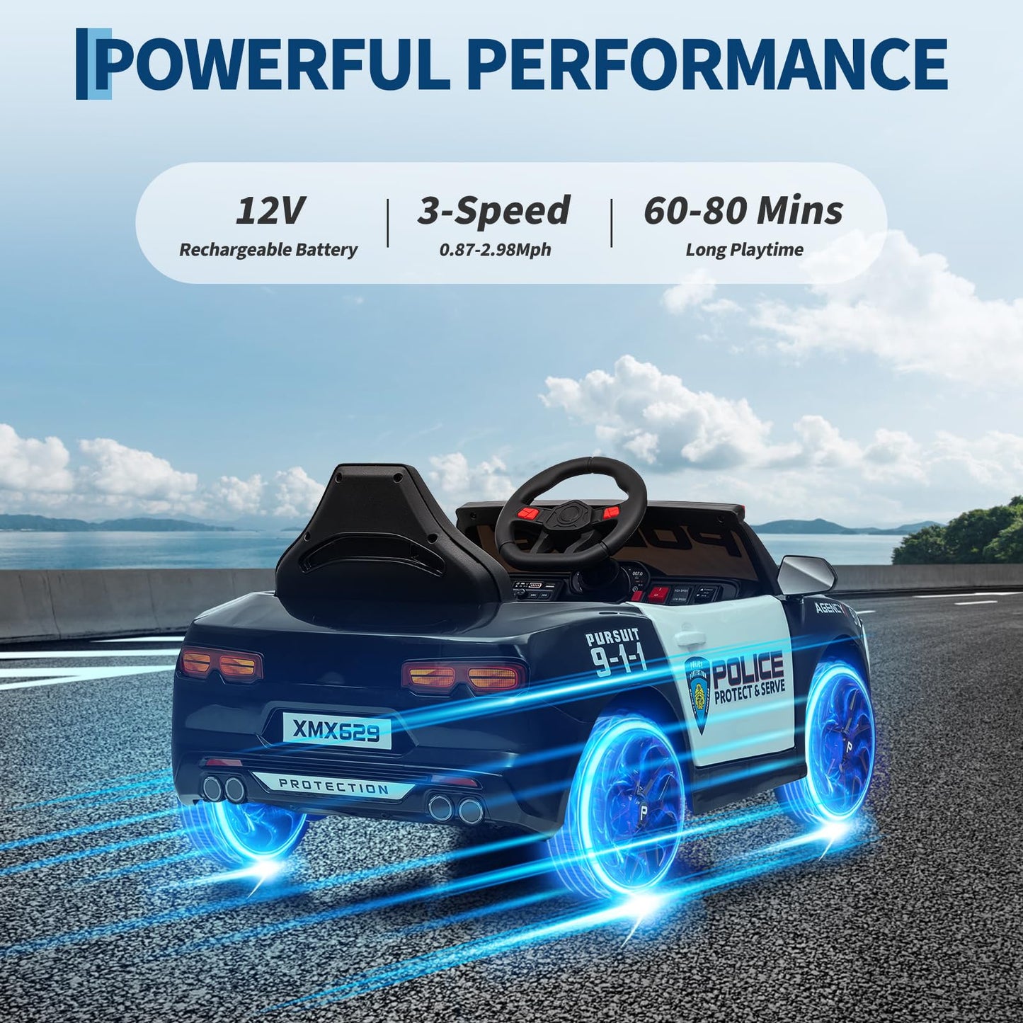 Garvee Ride - P Series: 12V Police Car Ride-On Toy for Kids with Remote Control, Emergency Tones, Megaphone, Flashing Lights, Spring Suspension, Music, Safe Buckle Locks, Quick Assembly