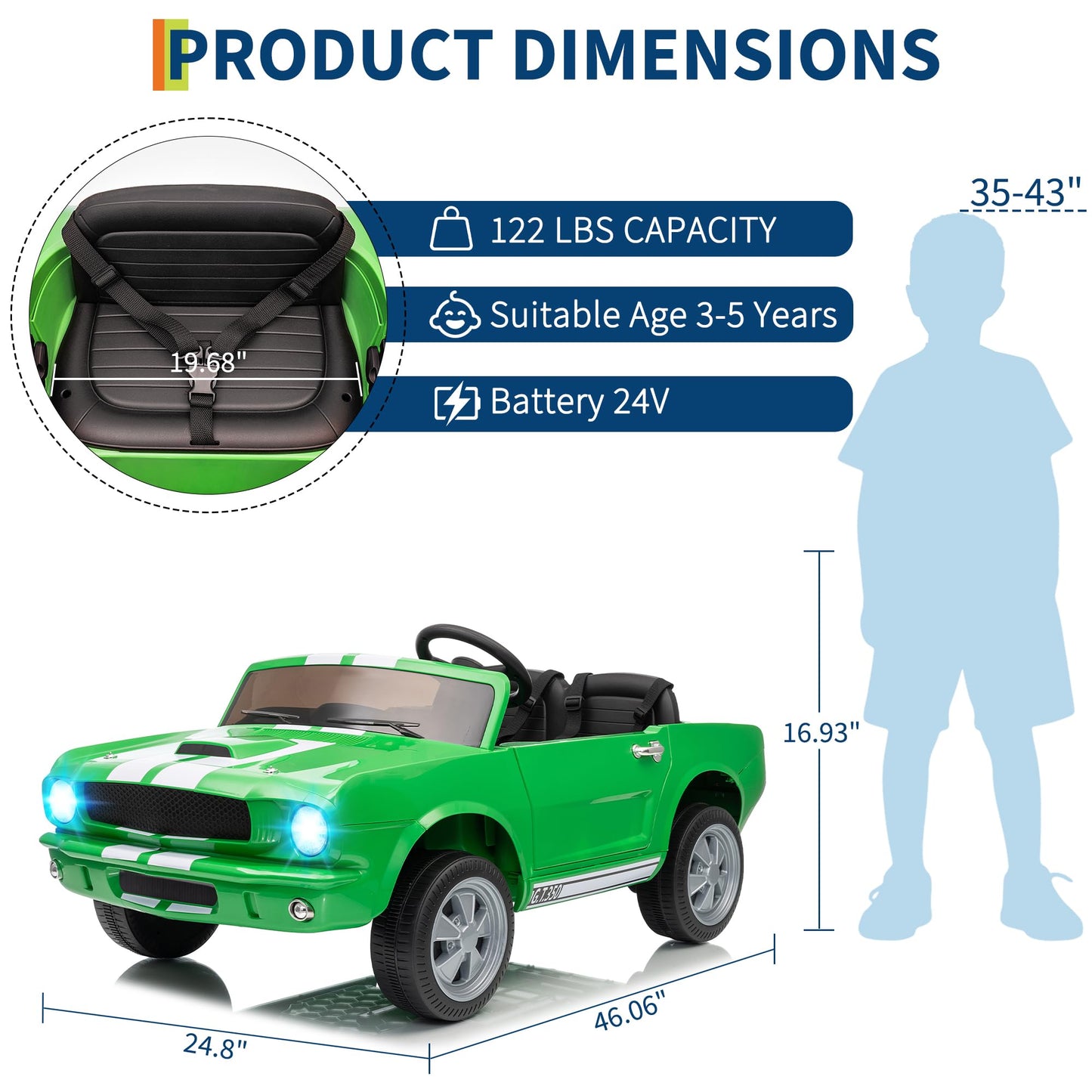 Garvee Ride - P Series: 24V 2-Seater Ride-On Shelby GT350 Electric Car with Remote Control, LED Lights, Safety Belt, 2 Speeds, Rechargeable Battery, Kids Toy Vehicle for Outdoor Fun