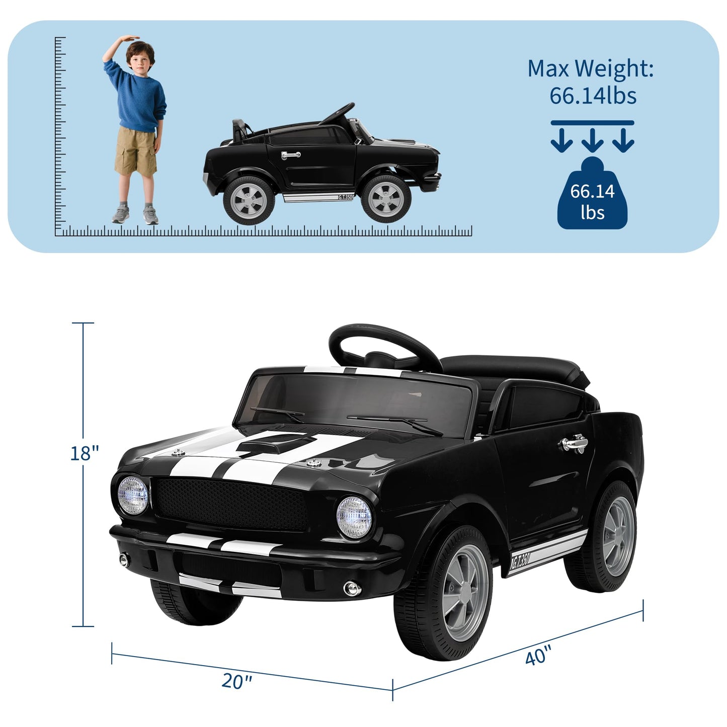 Garvee Ride - P Series: 12V Kids Ride On Car Shelby GT350 Electric Vehicle with Remote Control, LED Lights, Music, USB Port, Safety Harness, Black for Outdoor Play