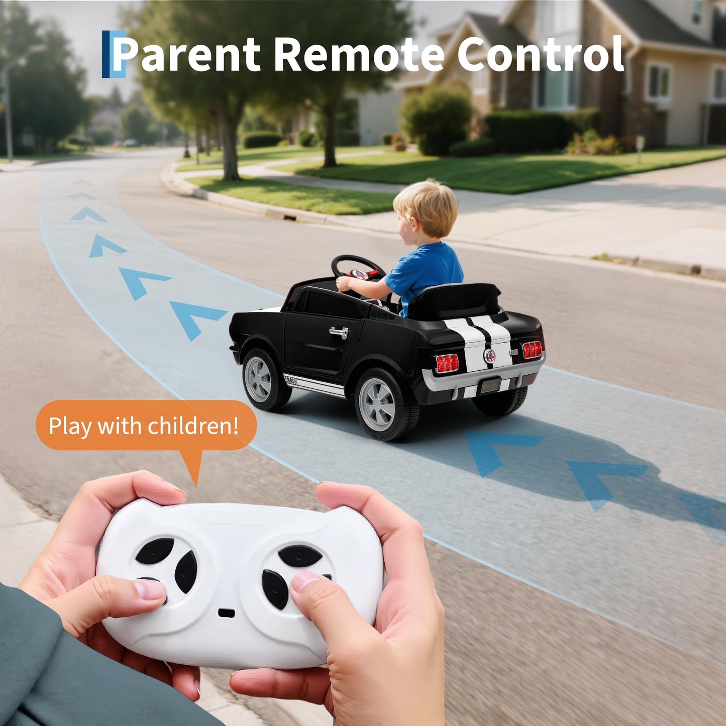 Garvee Ride - P Series: 12V Kids Ride On Car Shelby GT350 Electric Vehicle with Remote Control, LED Lights, Music, USB Port, Safety Harness, Black for Outdoor Play