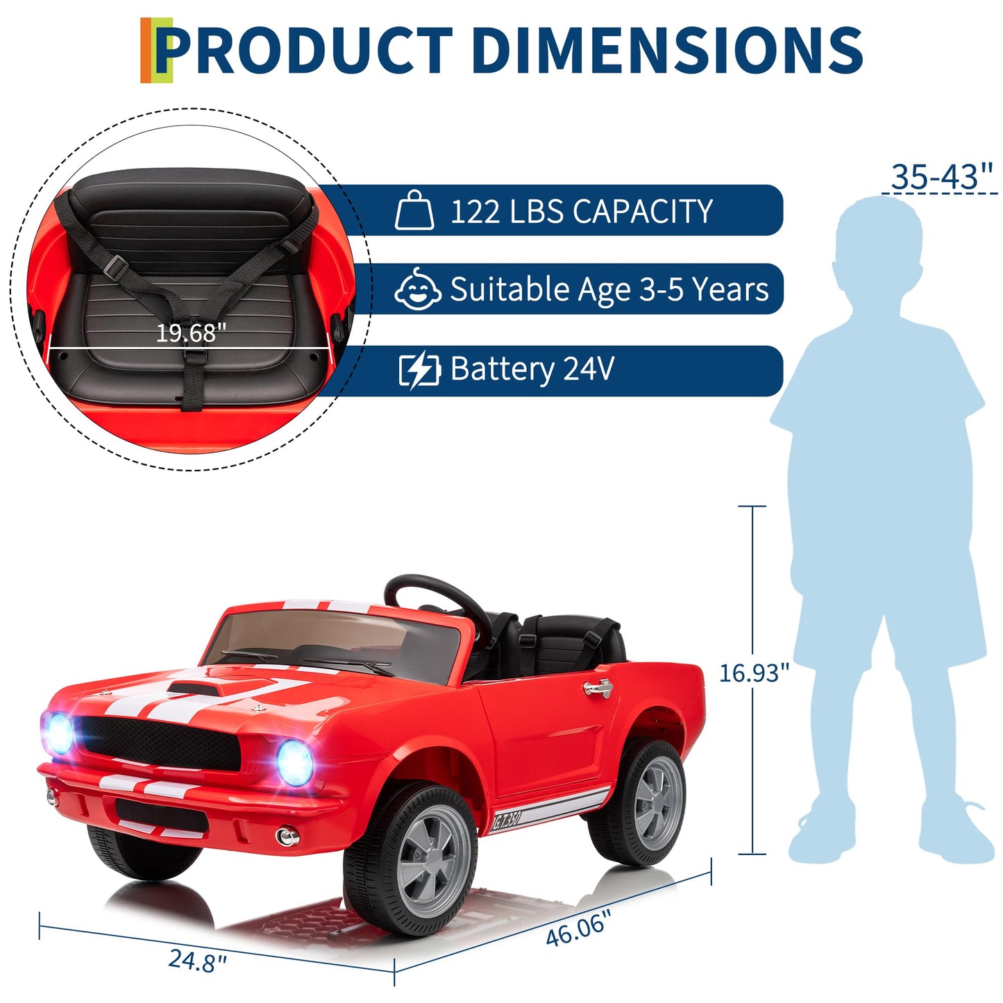 Garvee Ride - P Series: 2 Seater Ride On Electric Car 24V 7AH with Remote Control, 2 Speeds, Safety Belt, LED Lights, Music, Licensed Shelby GT350, Red, for Kids 3+