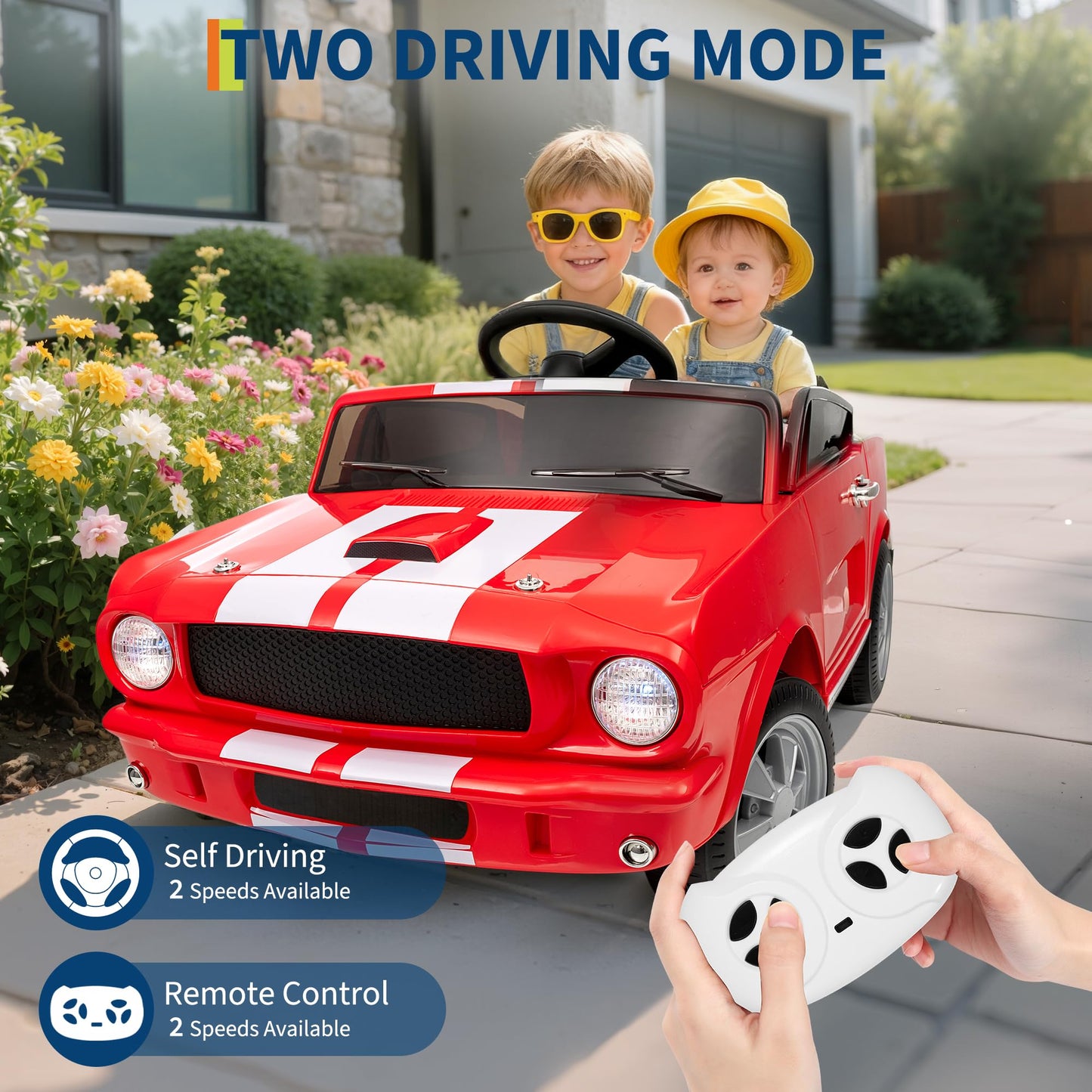 Garvee Ride - P Series: 2 Seater Ride On Electric Car 24V 7AH with Remote Control, 2 Speeds, Safety Belt, LED Lights, Music, Licensed Shelby GT350, Red, for Kids 3+