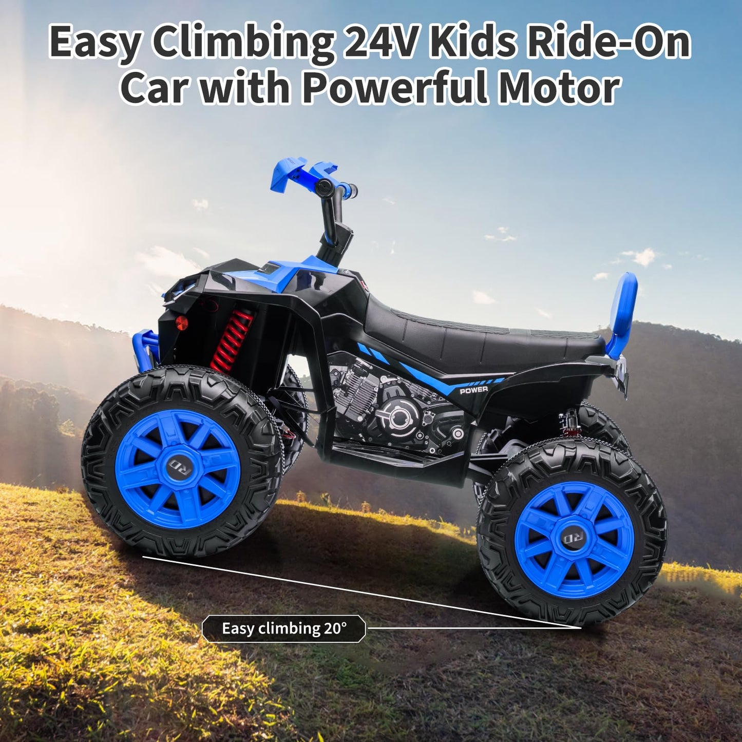 Garvee Ride - P Series: 24V 2-Seater Ride On ATV for Kids - 4-Wheel Battery Powered, High/Low Speed Modes, LED Lights, Music & Horn, Durable Wear-Resistant Wheels, Safe Non-Toxic Material, Outdoor Adventure - Blue