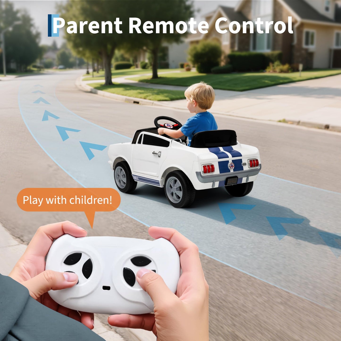 Garvee Ride - P Series: 12V Kids Ride On Car Shelby GT350 Replica with Remote Control, LED Lights, USB Port, Music, Safety Harness, White for Outdoor Fun
