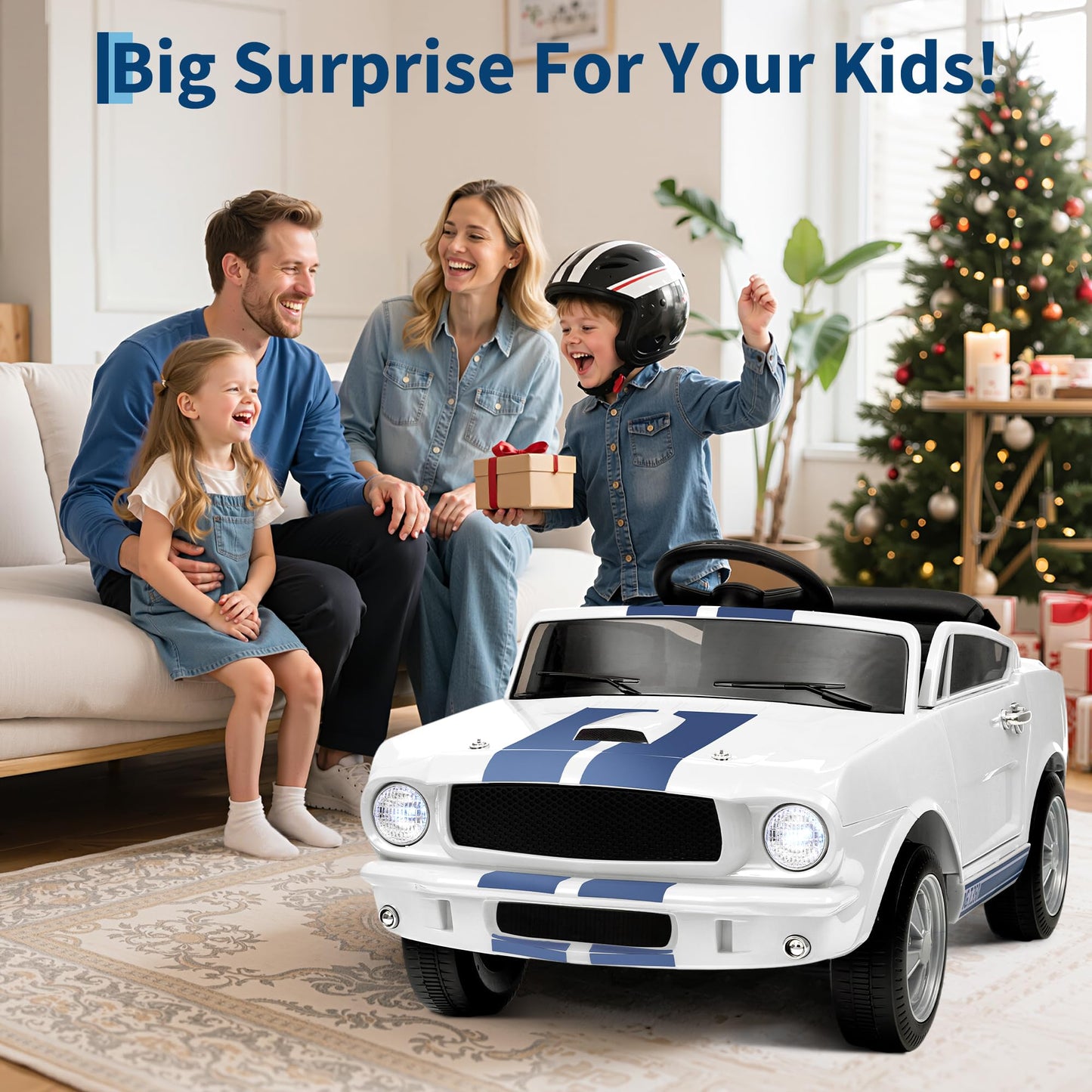 Garvee Ride - P Series: 12V Kids Ride On Car Shelby GT350 Replica with Remote Control, LED Lights, USB Port, Music, Safety Harness, White for Outdoor Fun