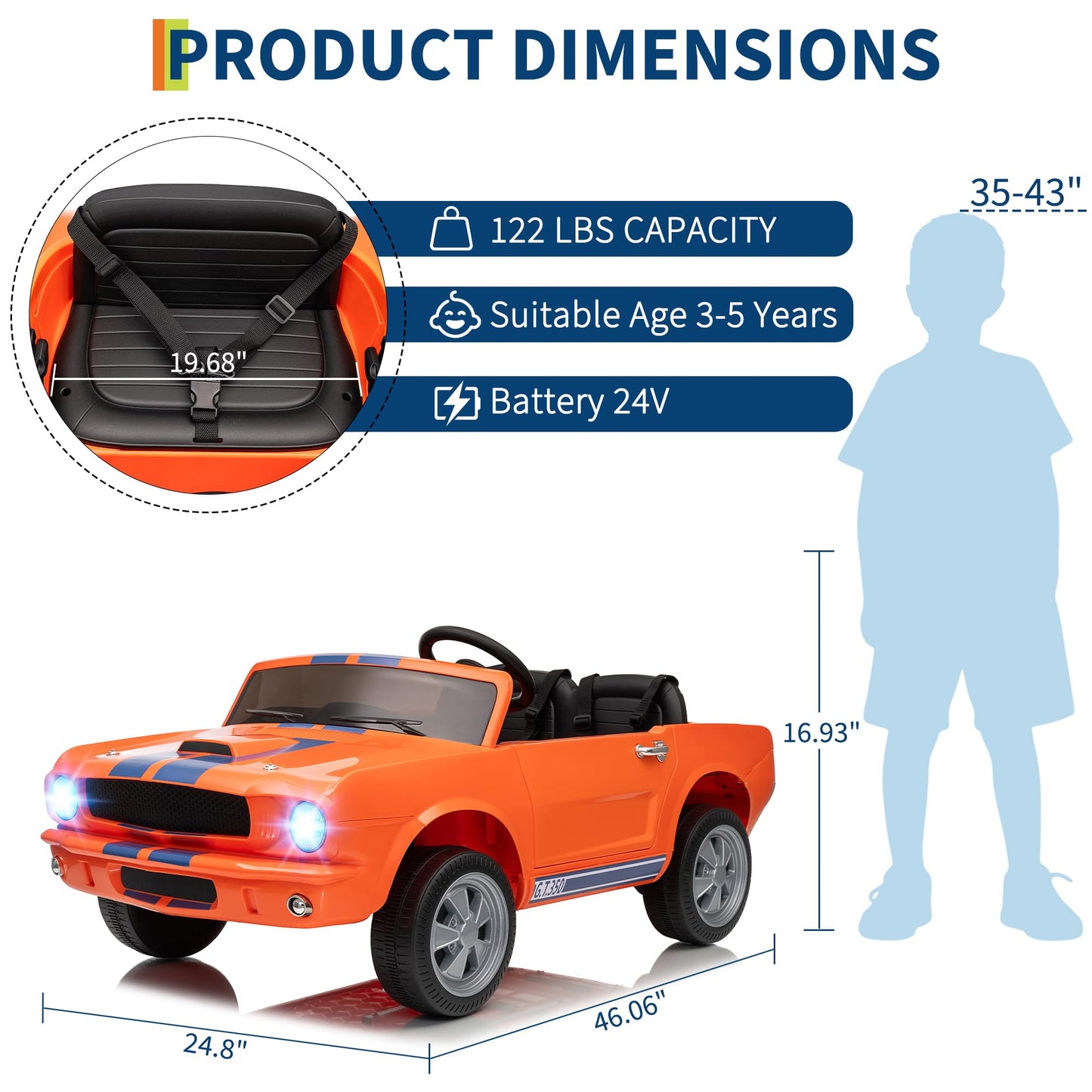 Garvee Ride - P Series: 24V Ride On Licensed Shelby GT350 Electric Car 2-Seater with Remote Control, Safety Belt, LED Lights, Wide Seat for Toddlers Outdoor Play