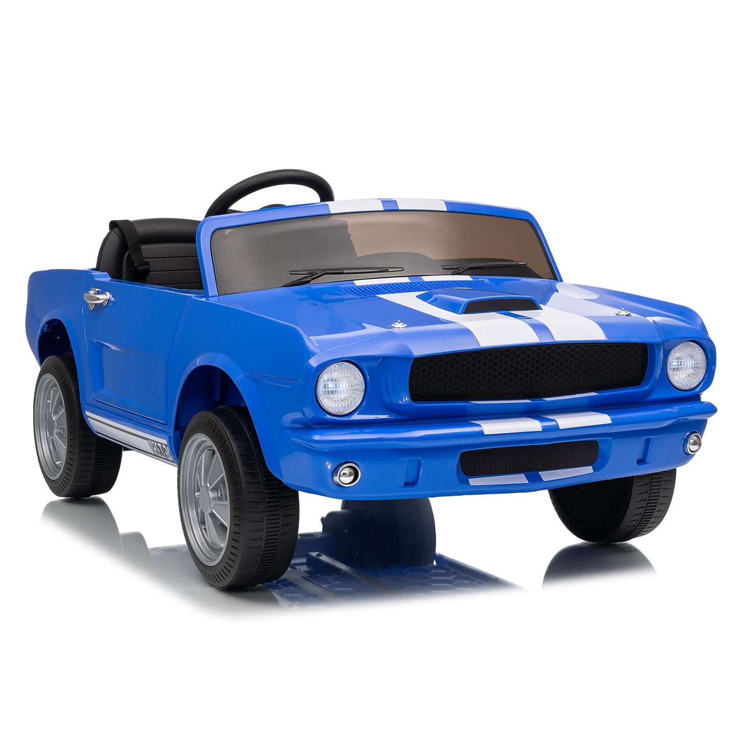 Garvee Ride - P Series: 24V 7AH 2-Seater Ride-On Electric Car Shelby GT350 Licensed Model with Remote Control, 2 Speeds, Safety Belt, LED Lights, Music, Blue for Kids 3+