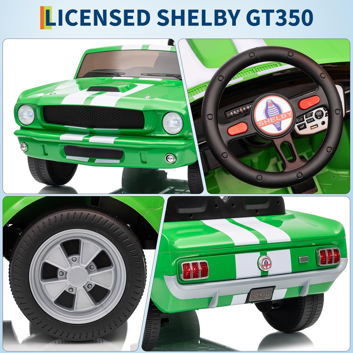 Garvee Ride - P Series: 24V 2-Seater Ride-On Shelby GT350 Electric Car with Remote Control, LED Lights, Safety Belt, 2 Speeds, Rechargeable Battery, Kids Toy Vehicle for Outdoor Fun