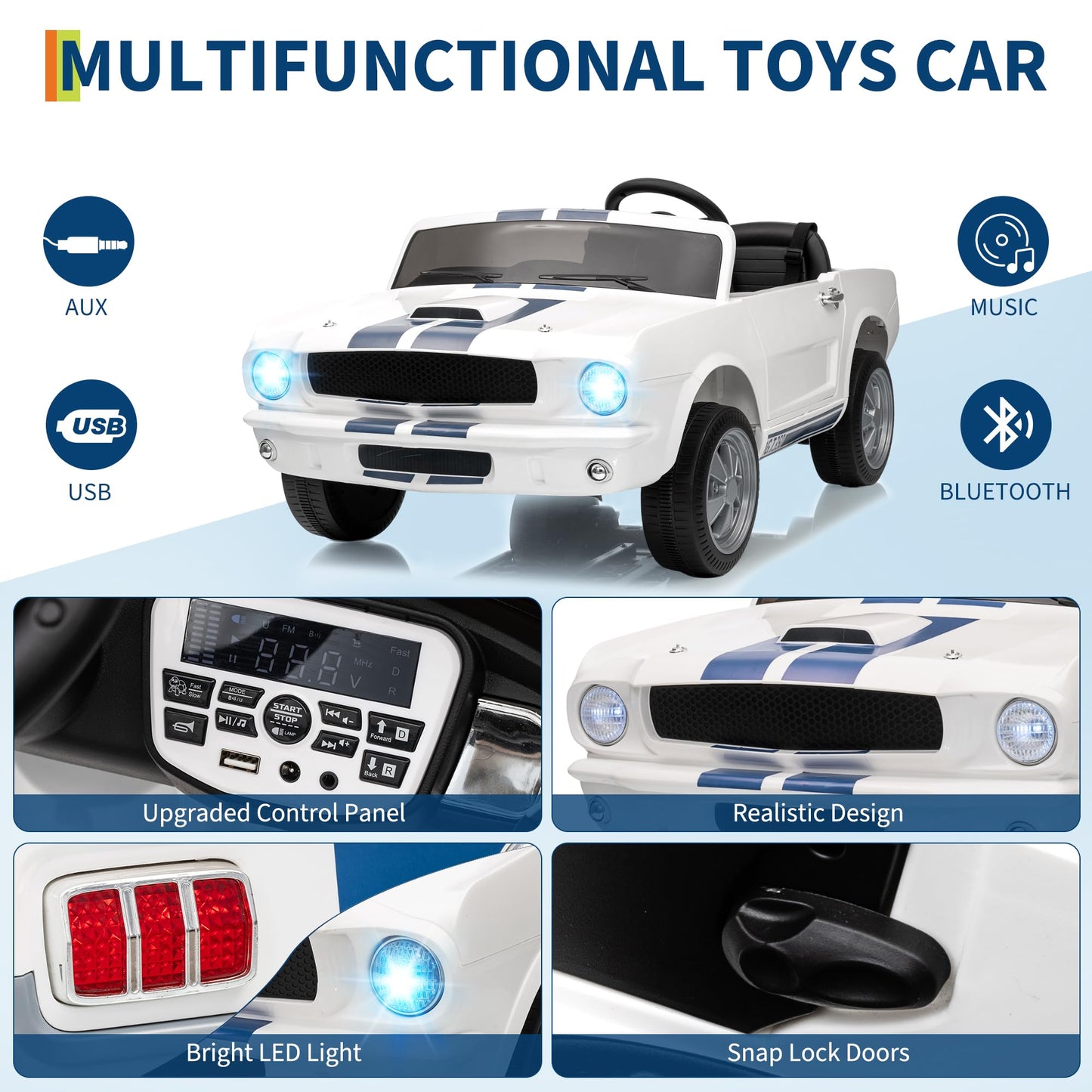 Garvee Ride - P Series: 24V 2 Seater Ride On Electric Car Shelby GT350 with Remote Control, Safety Belt, LED Lights, 2 Speeds, White - Kids Outdoor Fun