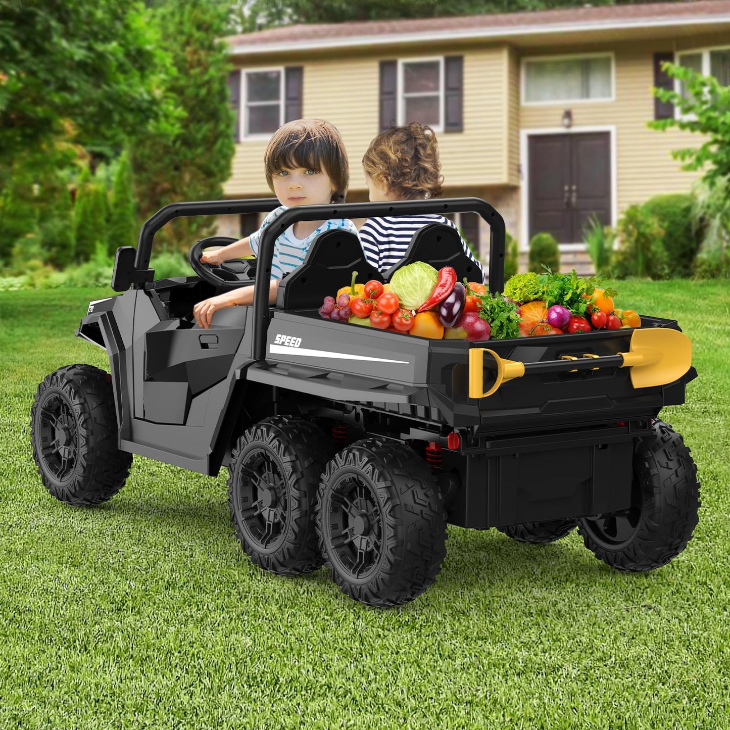 Garvee Ride - P Series: 24V 4WD Electric Ride On Dump Truck with Remote Control, 2-Seater, Music Player, LED Lights, Key Start Safety System, Durable Plastic, Off-Road Kids Toy for Ages 3+ - Black