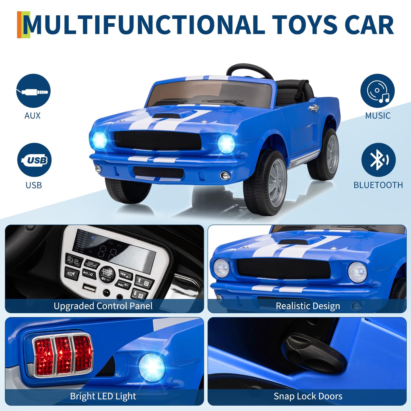 Garvee Ride - P Series: 24V 7AH 2-Seater Ride-On Electric Car Shelby GT350 Licensed Model with Remote Control, 2 Speeds, Safety Belt, LED Lights, Music, Blue for Kids 3+