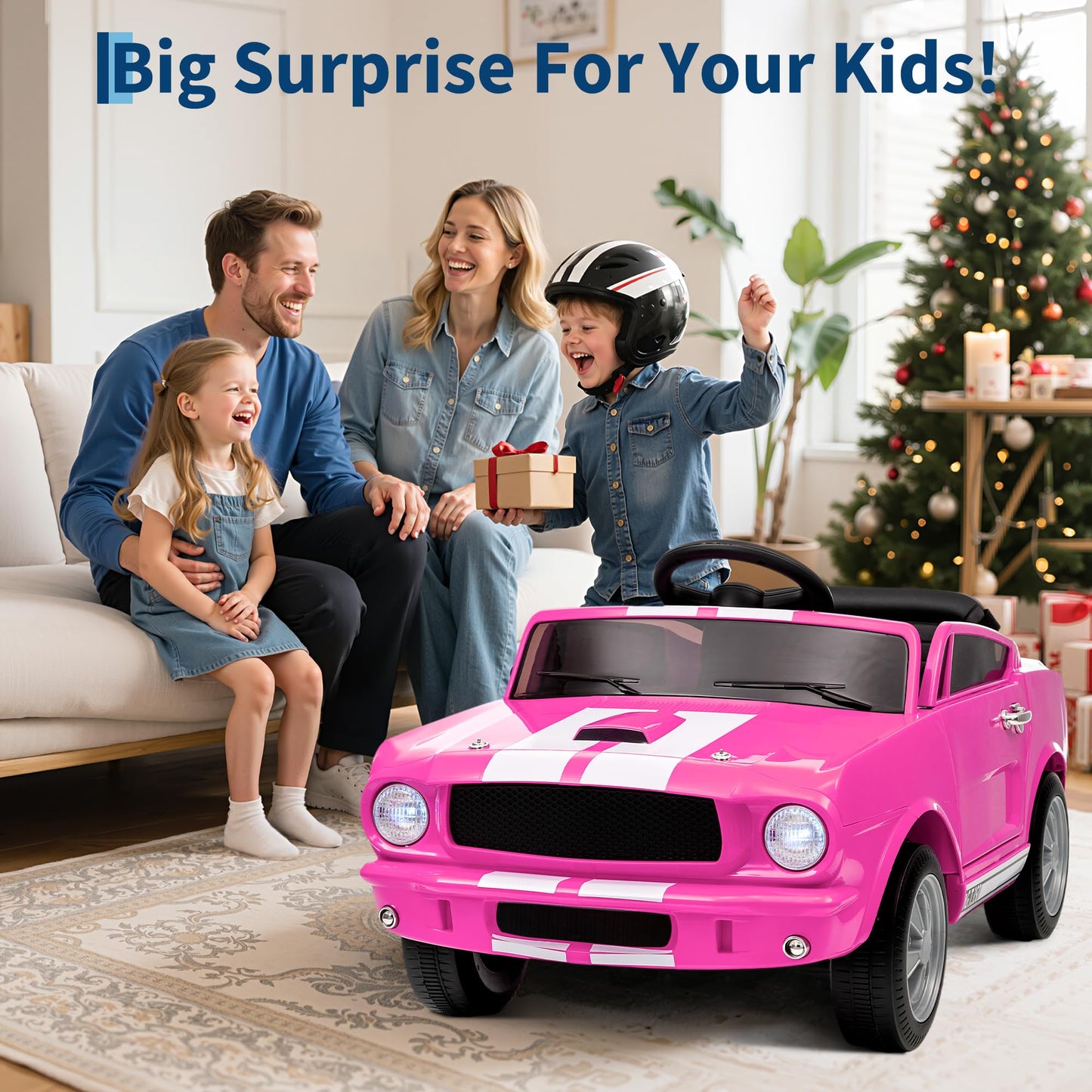 Garvee Ride - P Series: 12V Kids Ride On Car Shelby GT350 Electric Vehicle with Remote Control, LED Lights, Music, USB Port, 2 Speeds, Pink for Outdoor Fun
