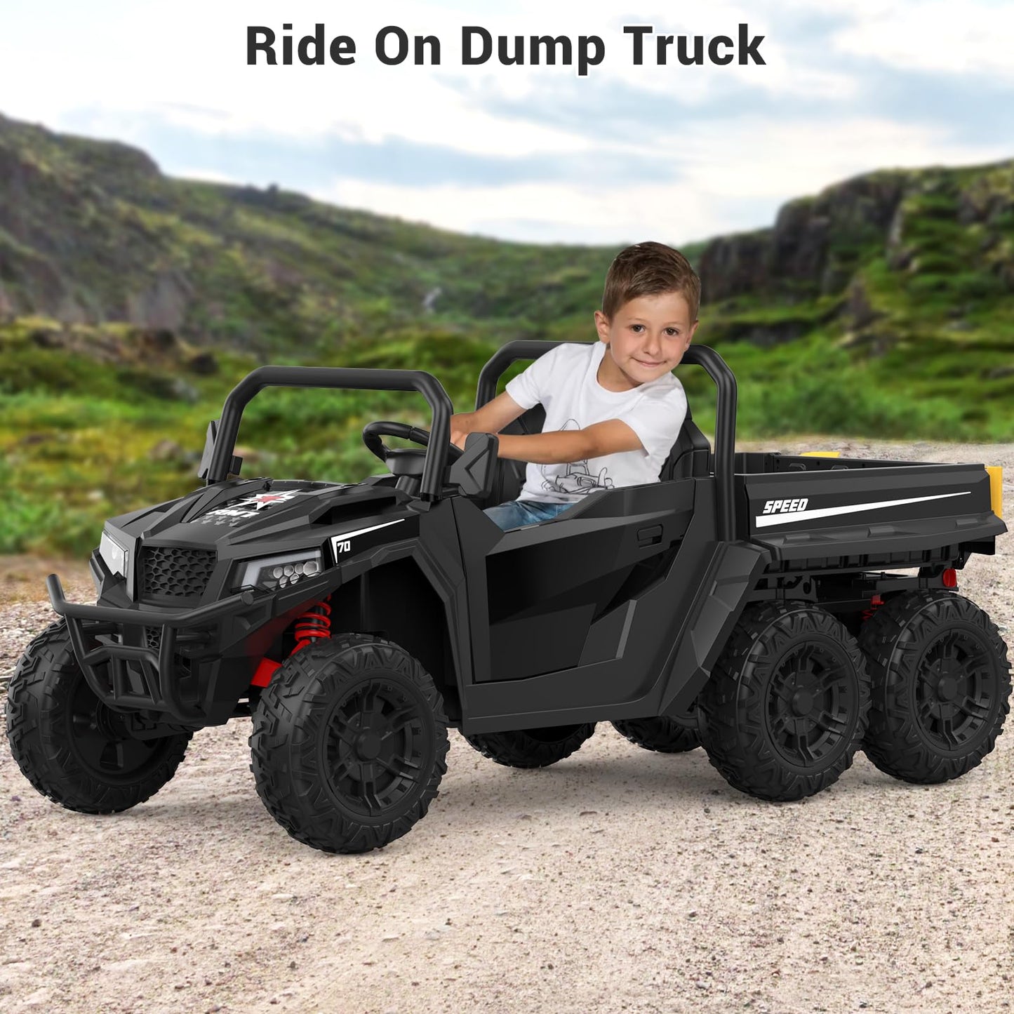 Garvee Ride - P Series: 24V 4WD Electric Ride On Dump Truck with Remote Control, 2-Seater, Music Player, LED Lights, Key Start Safety System, Durable Plastic, Off-Road Kids Toy for Ages 3+ - Black