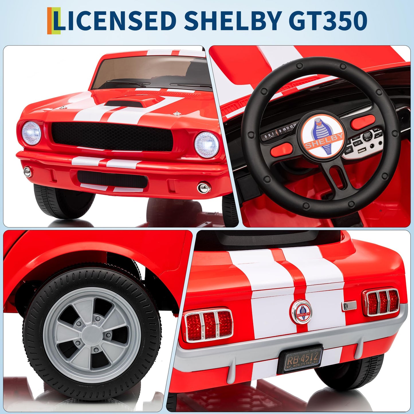 Garvee Ride - P Series: 2 Seater Ride On Electric Car 24V 7AH with Remote Control, 2 Speeds, Safety Belt, LED Lights, Music, Licensed Shelby GT350, Red, for Kids 3+