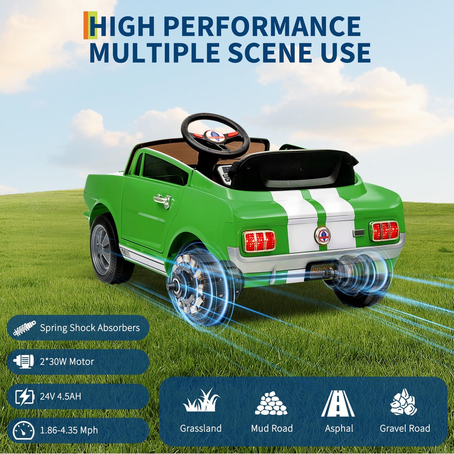 Garvee Ride - P Series: 24V 2-Seater Ride-On Shelby GT350 Electric Car with Remote Control, LED Lights, Safety Belt, 2 Speeds, Rechargeable Battery, Kids Toy Vehicle for Outdoor Fun