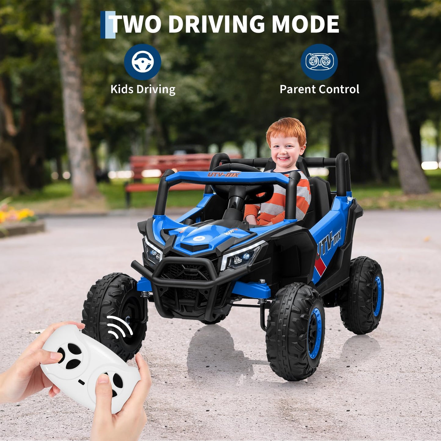 Garvee Ride - P Series: 12V Kids Ride On Car UTV Truck 4WD/2WD Switchable 4 Spring Suspension EVA Tires Safety Belt Double Doors Remote Control Ages 3-8