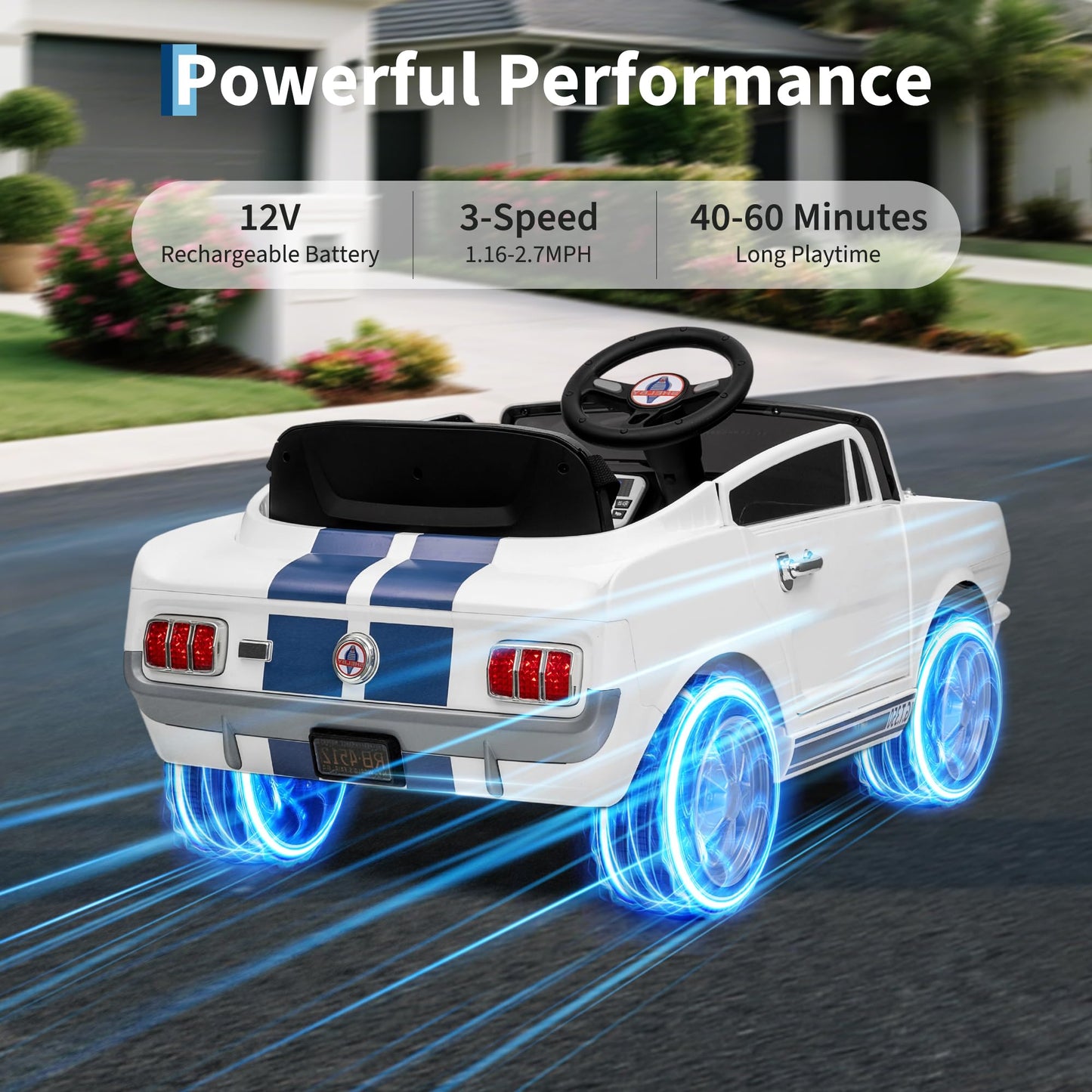 Garvee Ride - P Series: 12V Kids Ride On Car Shelby GT350 Replica with Remote Control, LED Lights, USB Port, Music, Safety Harness, White for Outdoor Fun
