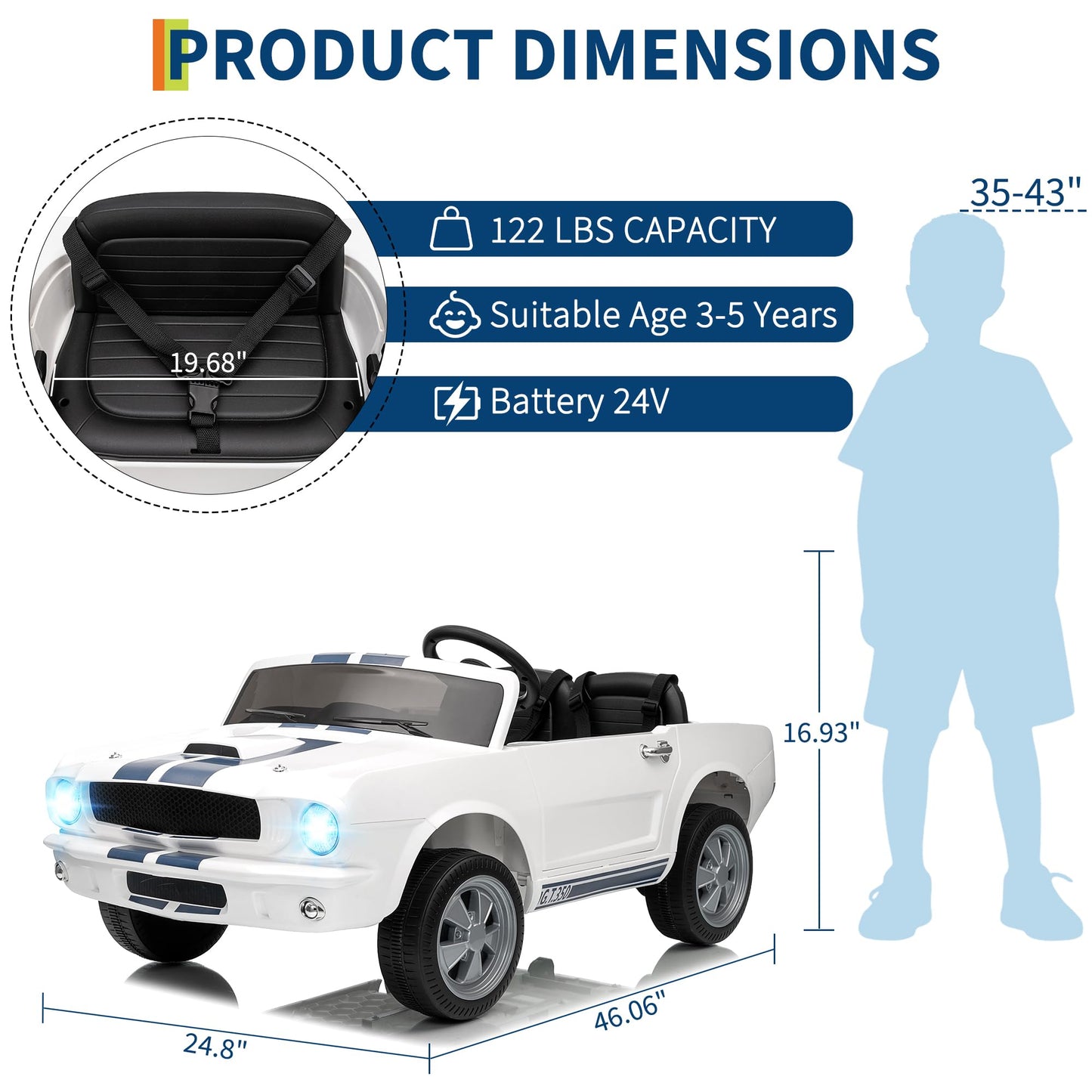 Garvee Ride - P Series: 24V 2 Seater Ride On Electric Car Shelby GT350 with Remote Control, Safety Belt, LED Lights, 2 Speeds, White - Kids Outdoor Fun