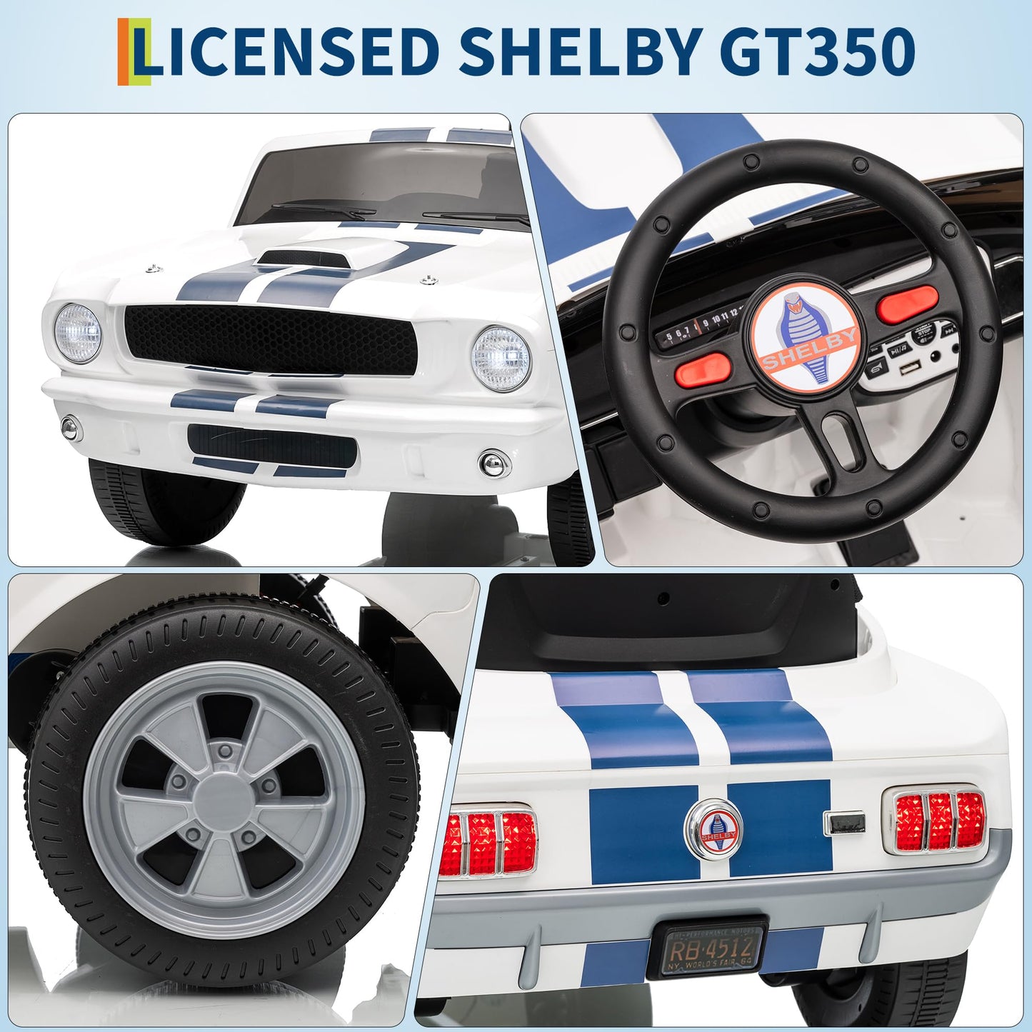 Garvee Ride - P Series: 24V 2 Seater Ride On Electric Car Shelby GT350 with Remote Control, Safety Belt, LED Lights, 2 Speeds, White - Kids Outdoor Fun